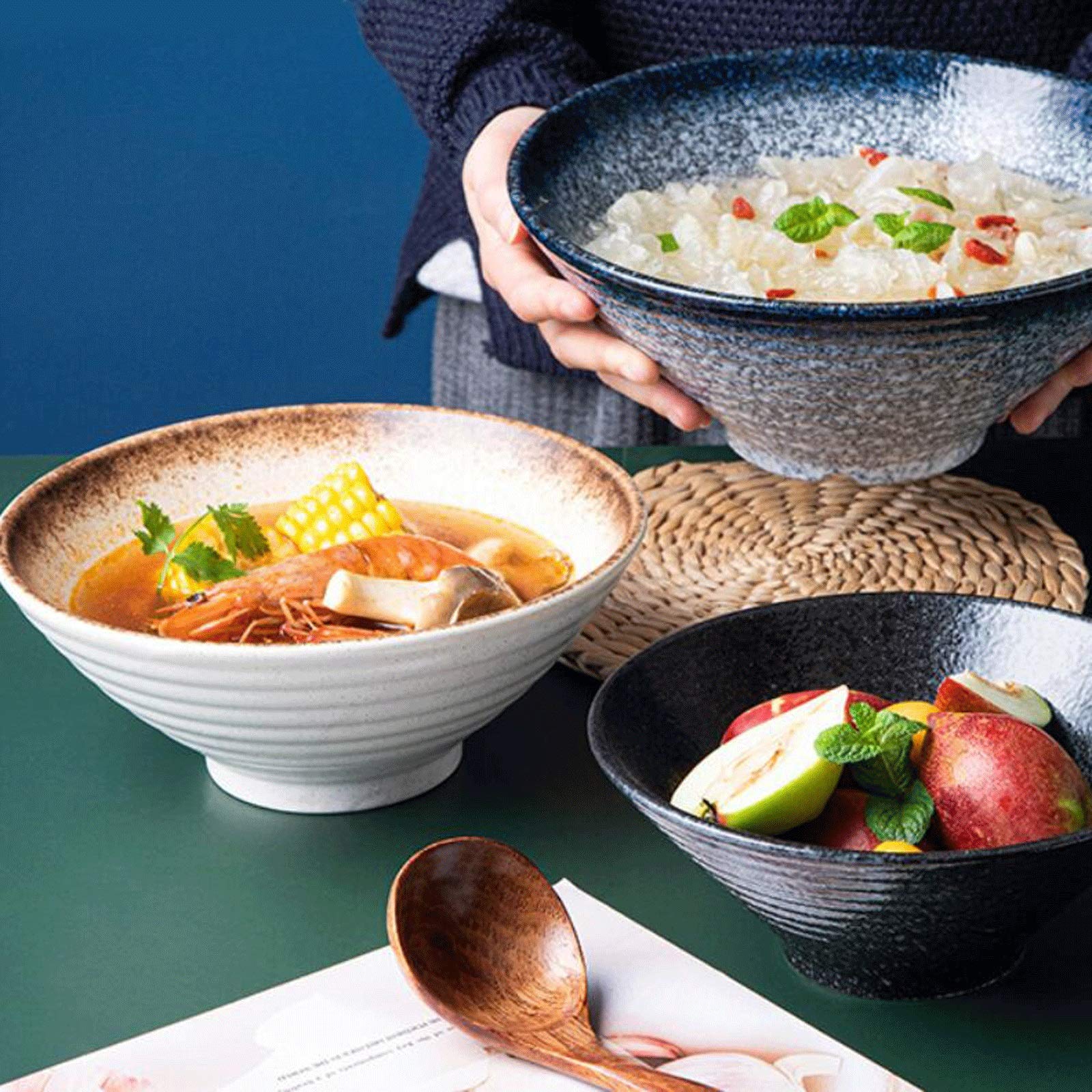 Teller- und Schüssel-Sets, Keramik-Reisschüssel für den Haushalt, 23,8 x 9,6 cm, Suppenschüssel mit großem Fassungsvermögen, Ramen-Schüssel, Restaurantgeschirr, Nudel-Re