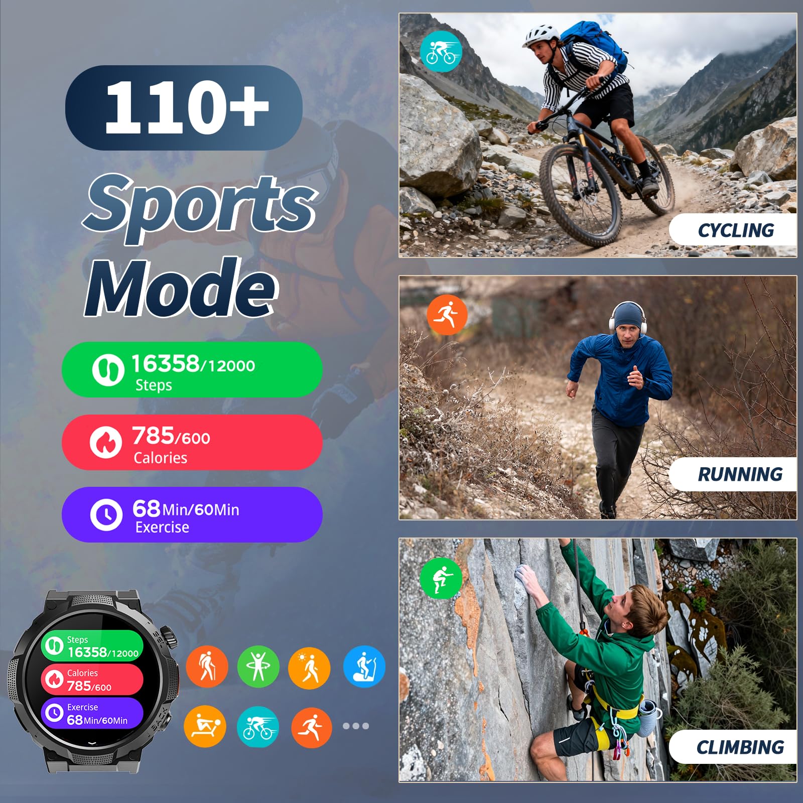 Soudorv Montre Connectée Homme, Militaire Smartwatch avec LED Lampe, Noir | 1000mAh, 1.53" HD avec Appel Bluetooth, Etanche IP68, Fréquence Cardiaque, Sommeil, 110+ Sportifs, Montre pour Android iOS