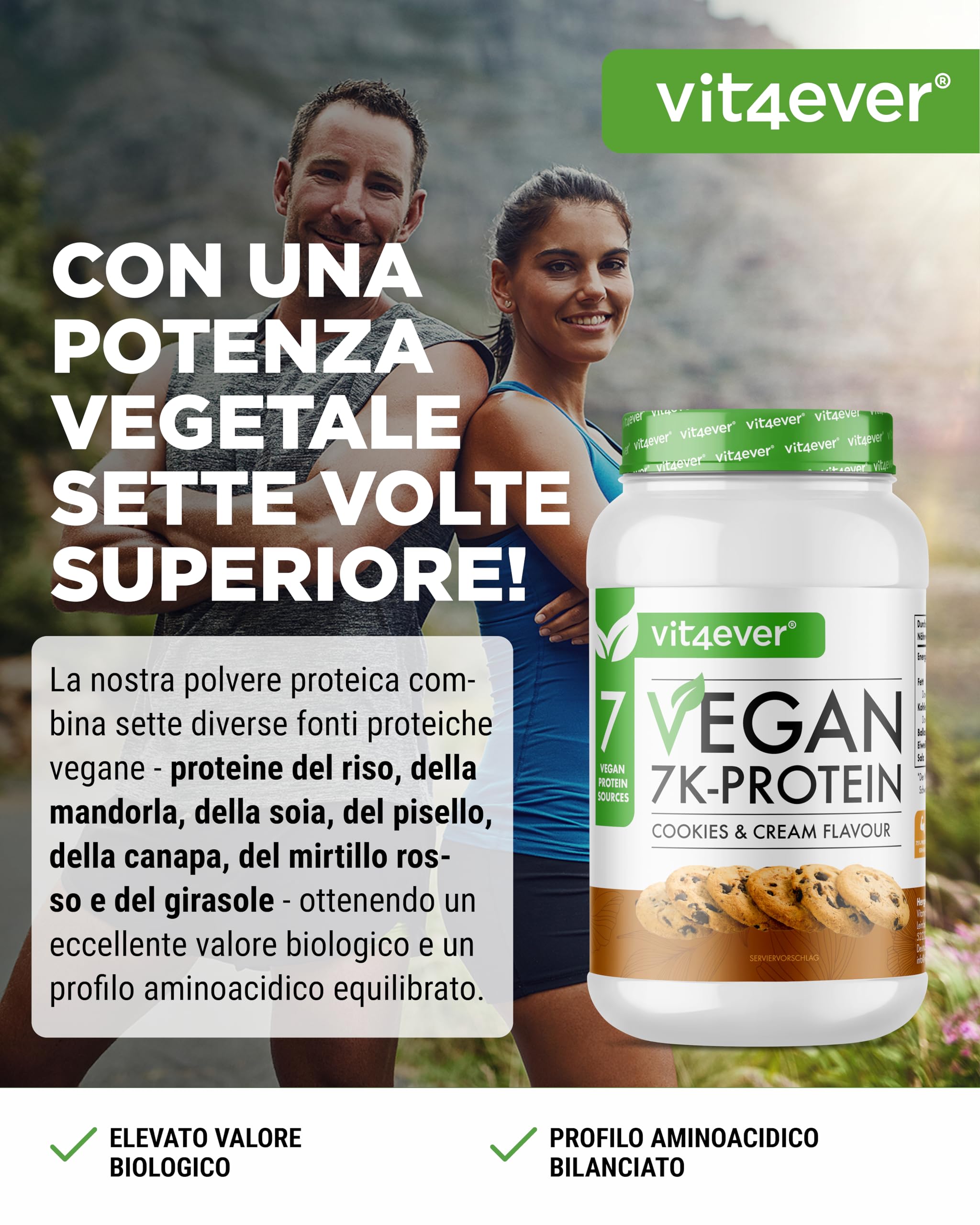 Vegan 7K Proteina – 1kg – Cookie & Cream – Polvere di proteine vegetali pura con riso, mandorle, soia, piselli, canapa, mirtillo, girasole proteina