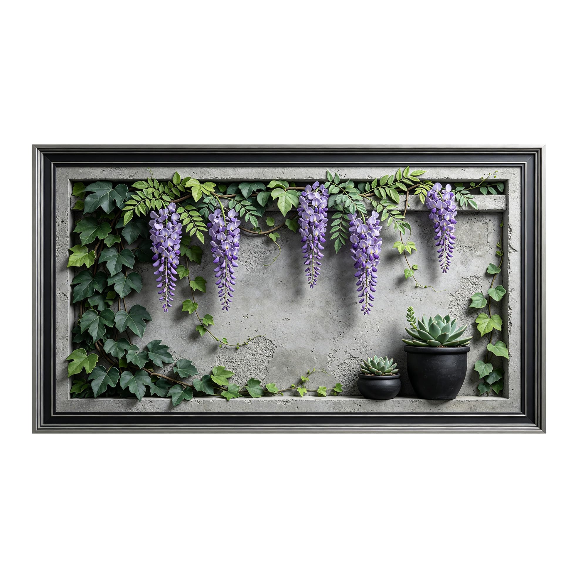 Murasolite 3D Framed Wall Art Botanical Wisteria Vine and Succulent Modern Relief Effect SelfAdhesive Fabric Mural Wall Decor,No Damage to Wall,AntiFall Safe Design for Bedroom Living Room