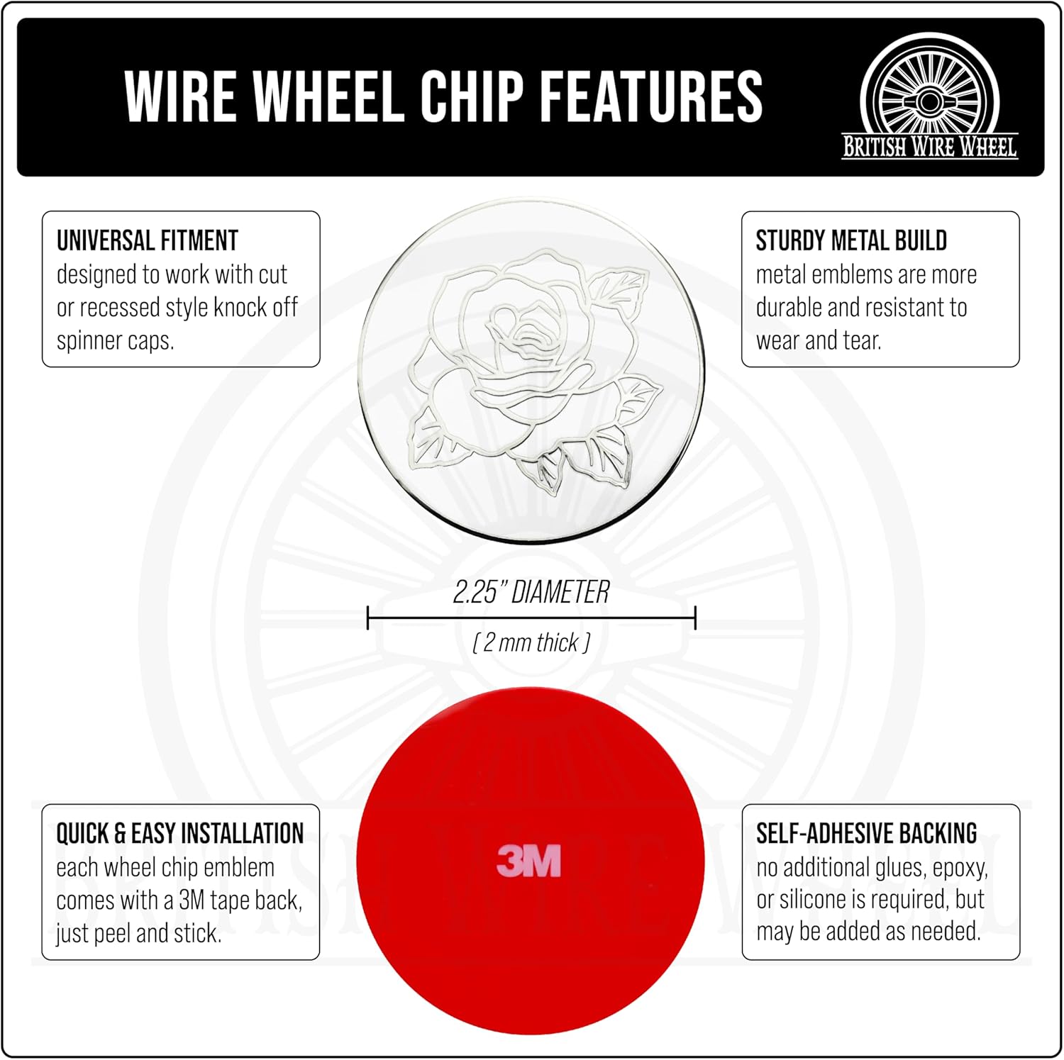 Rose Chrome & White Metal Wheel Chip Emblems (Set of 4) | Triple Chrome Plated Solid Metal Wheel Chip Emblems, 2.25" | for Lowriders with Cut or Recessed Knock Off Spinner Caps