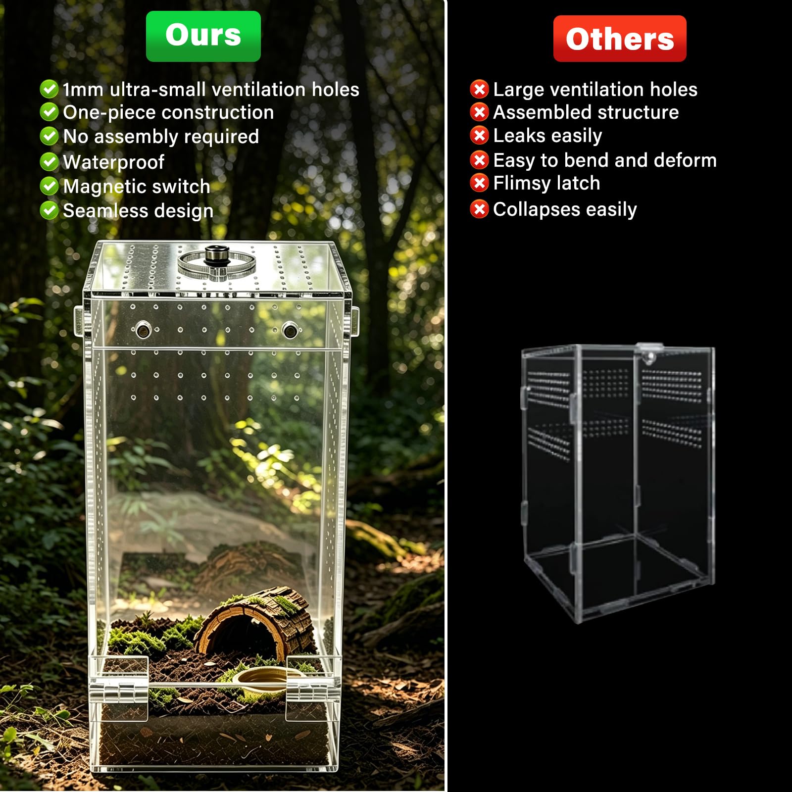 Homtone Akrylowe terrarium, terrarium owadów, terrarium ślimakowe z drzwiami magnetycznymi i otworem na karmę, odpowiednie dla pająków, ślimaków i owadów (10 x 10 x 20 cm)