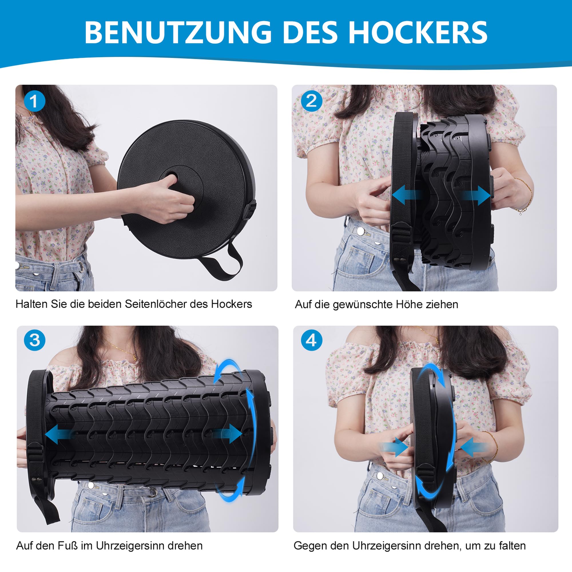 Tragbarer Teleskophocker Klapphocker Faltbar – imodomio Höhenverstellbarer Campinghocker 6–45 cm, bis 180 kg belastbar, Leichter Hocker für Camping, Outdoor, Angeln, Garten & Reisen