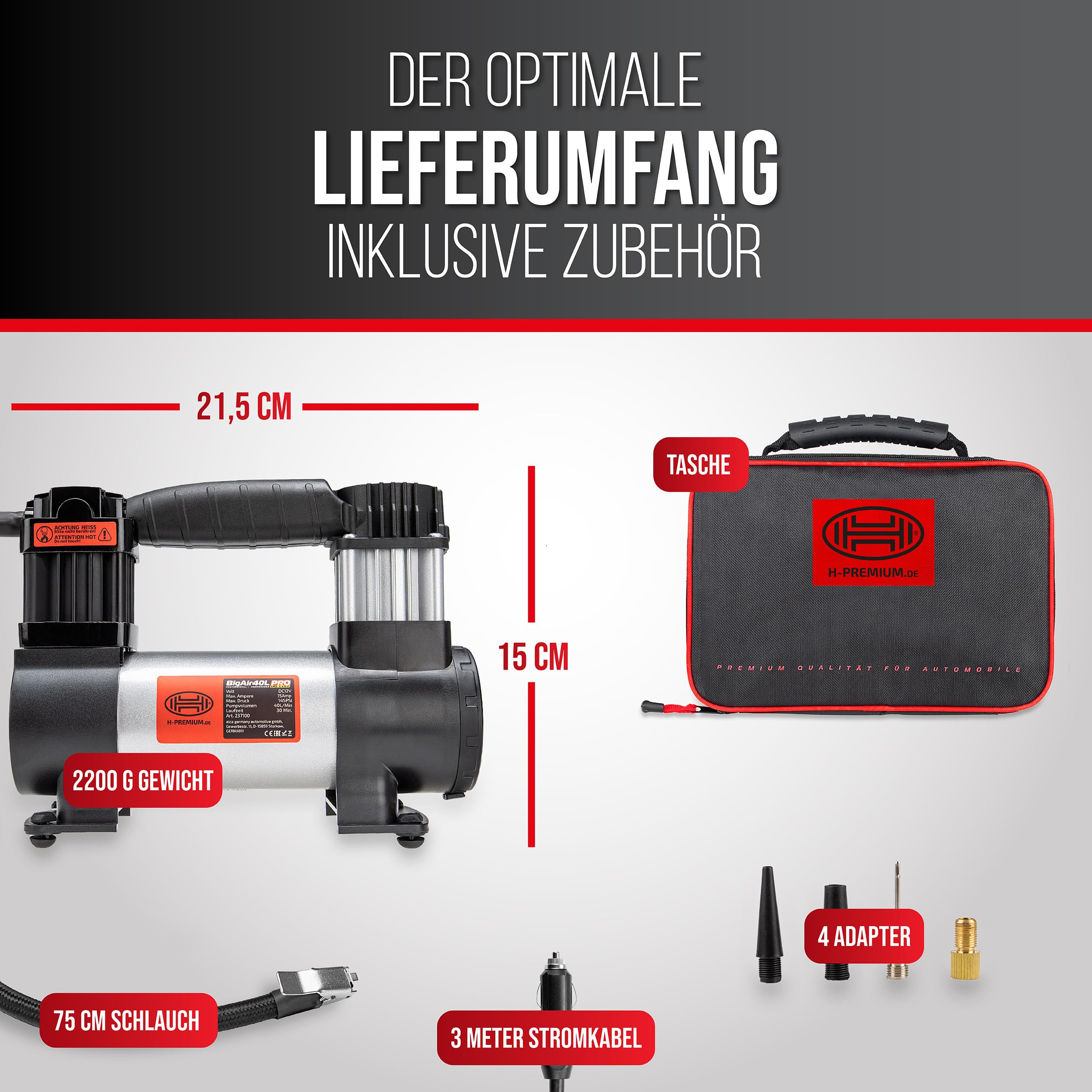 HEYNER® Kompressor 12 V 10 bar 40 l/min PKW Luftpumpe mit SMD LED Licht | Präzisions-Manometer, abnehmbarer Luftschlauch, vier Adapter inklusive Tasche, schnelles Befüllen von SUV und Van unterwegs