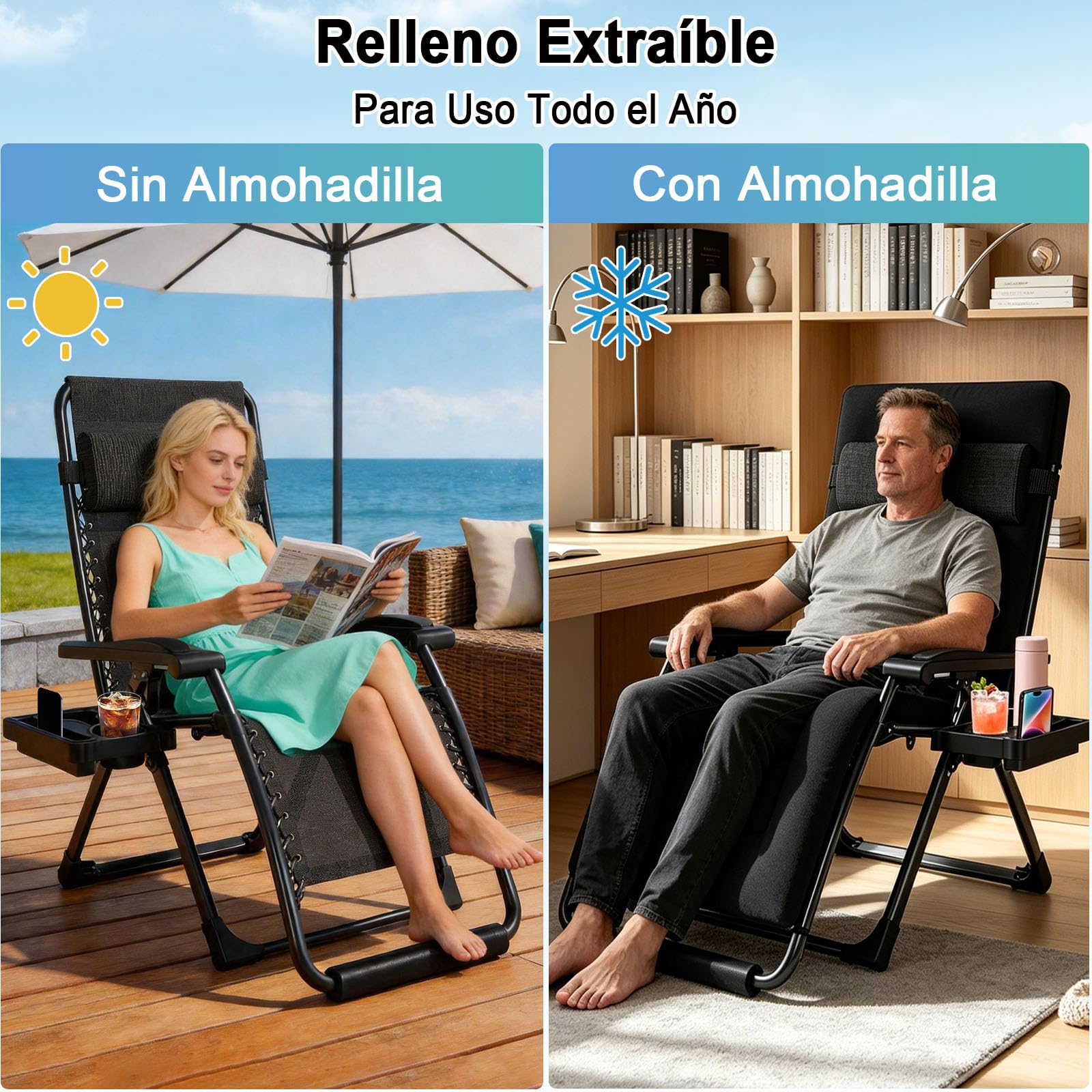 Tumbona Plegable Jardin Acolchada, Tumbonas Jardin Exterior Ajustable con Portavasos y Reposacabezas, Silla de Gravedad Cero Soporta 200 kg para Balcón Terraza (Negro, Extra Ancha 77 cm)