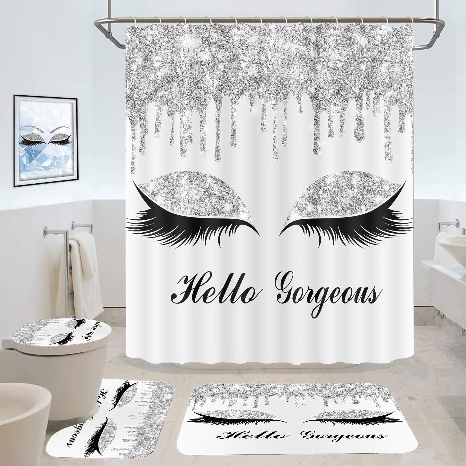 GURETER Hello Gorgeous Shower Curtain Set, 4PCS Girls Bathroom Sets with Silver Glitter Eyelash Twinkle Drips Shower Curtains, Bath Rug, Toilet Lid