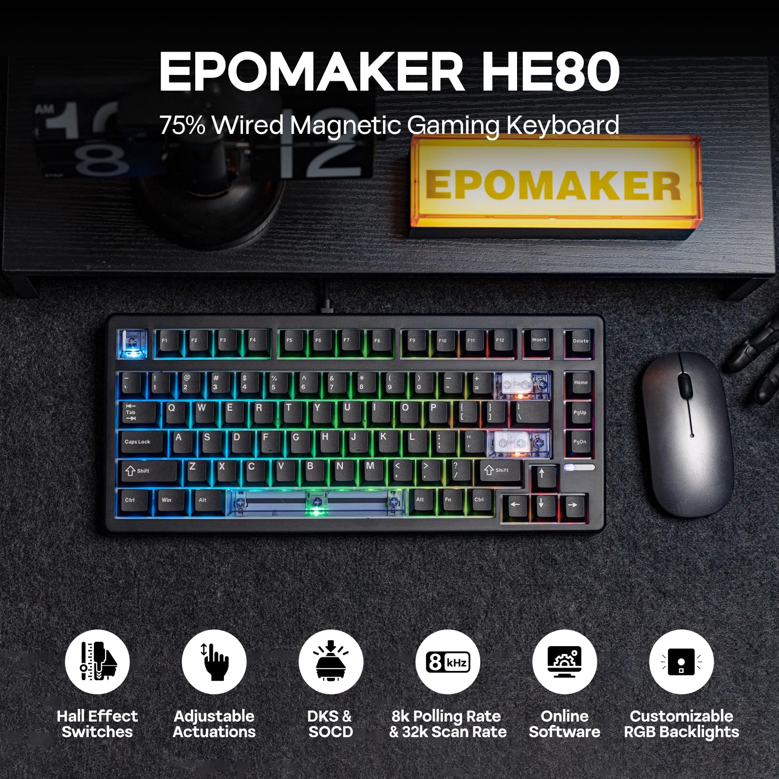 EPOMAKER HE80 Tastiera da Gioco a Effetto Hall, 8K Polling & 32K Scan, Creamy Gasket, DKS, SOCD, RGB Backlit, Hot-Swappable, Tastiera Cablata per PC & Mac (Nero, Magnetic Linear Switch)