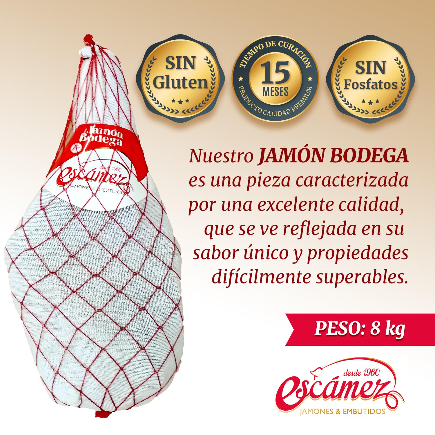 Jamón Bodega Sin Pata | 7,5kg de Jamón de Cerdo de Primera Calidad | Jamon 8 Kilos | 15 Meses de Curación | Embutido Gourmet Sin Gluten ni Fosfatos