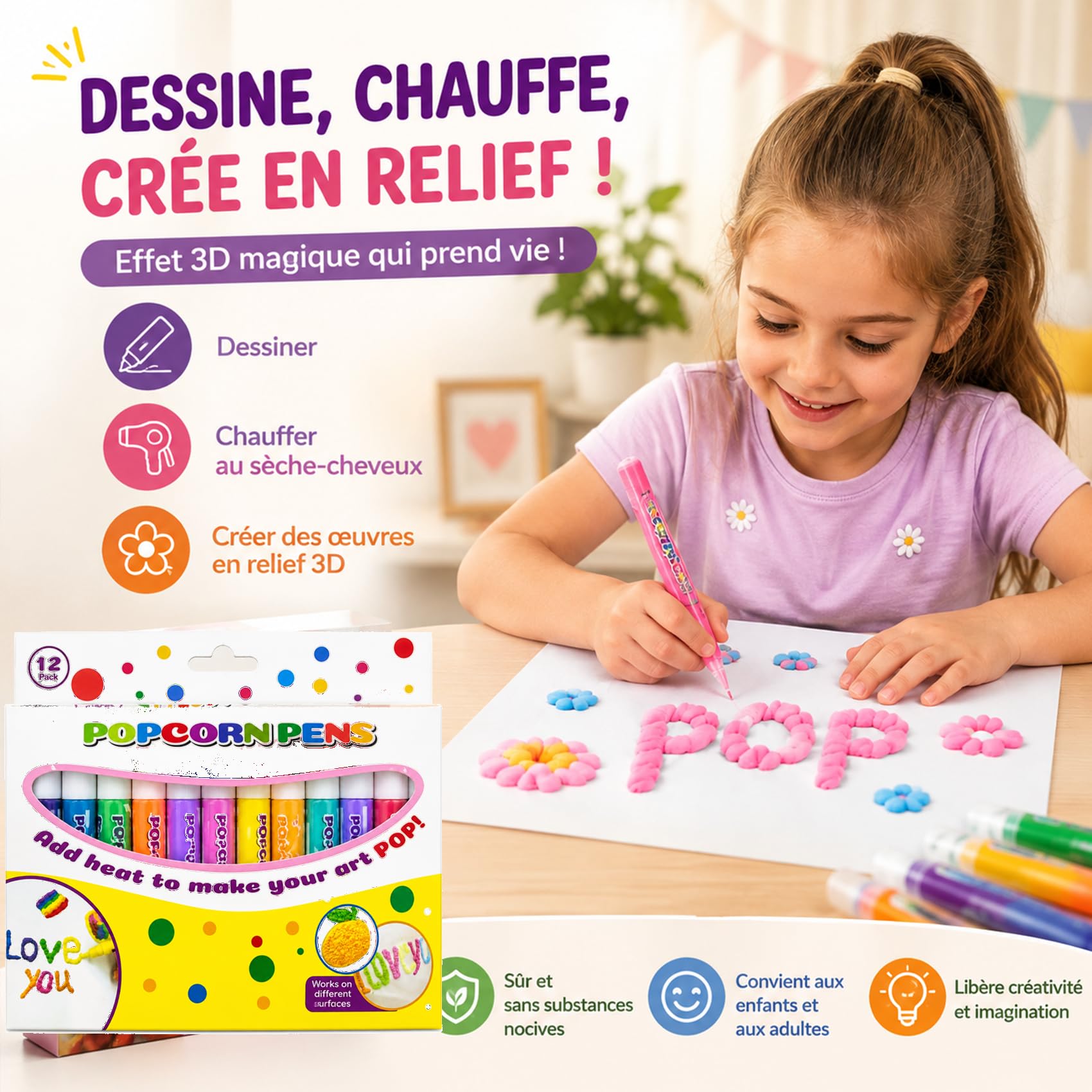 Popcorn Pens, Pack De 6/12 3D Bubble Pen,2027 Nouveau Stylo Pop Corn, Marqueurs CréAtifs Pour Les Cartes Et Dessins DéCoratifs (6 articles*4)
