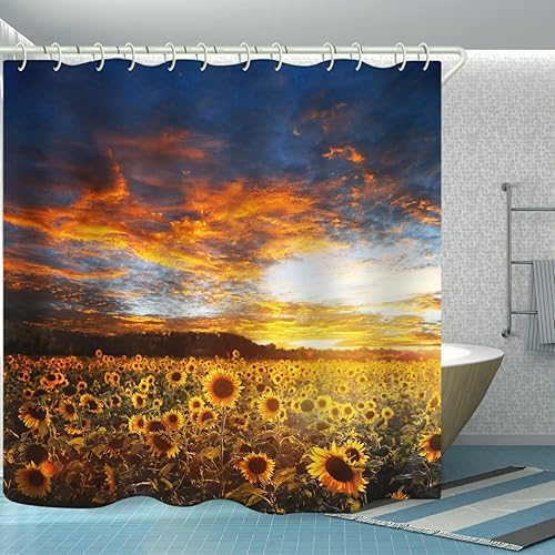 Miniatura 3 de Cortina de ducha 3D con diseño de girasol, lujosa bañera estándar, tela impermeable lavable con 12 ganchos blancos, mide 72 x 72 pulgadas