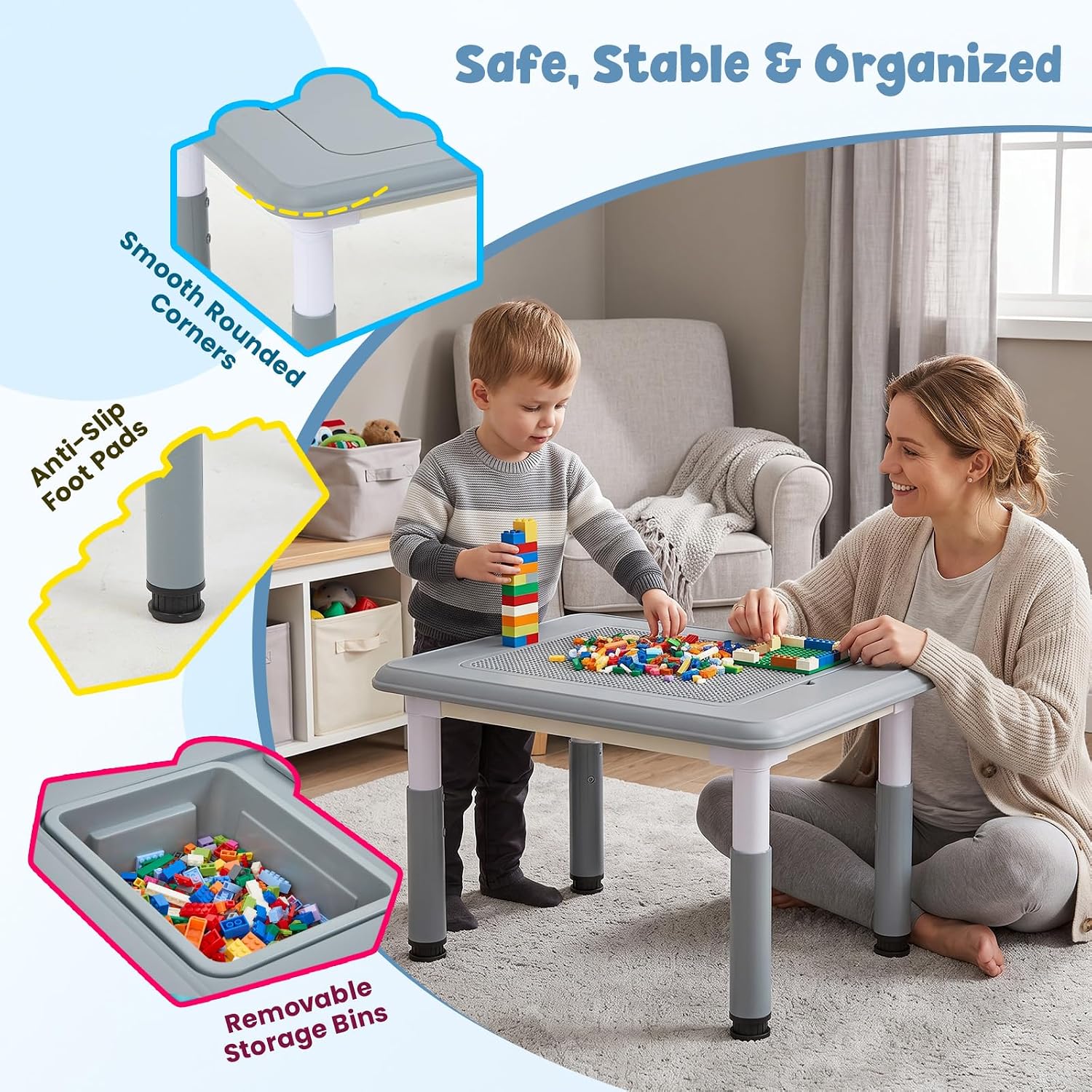 FUNLIO Kids Activity Table, Height Adjustable with Storage, Grey