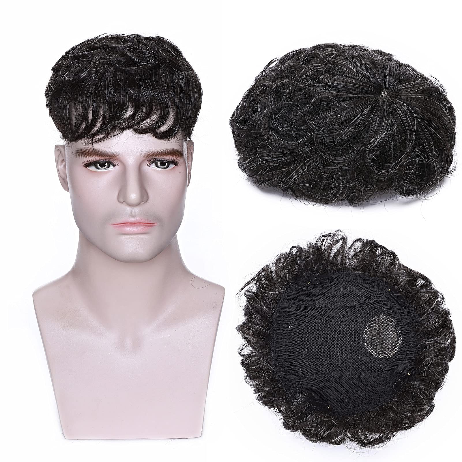 MY-LADY Toupee for Men Hair Pieces Human Hair Topper 6.3"x7.5" Replacement System 150% Density Clip in Hairpiece 90% Natural Black Real Human Hair with 10% Synthetic Gray Hair