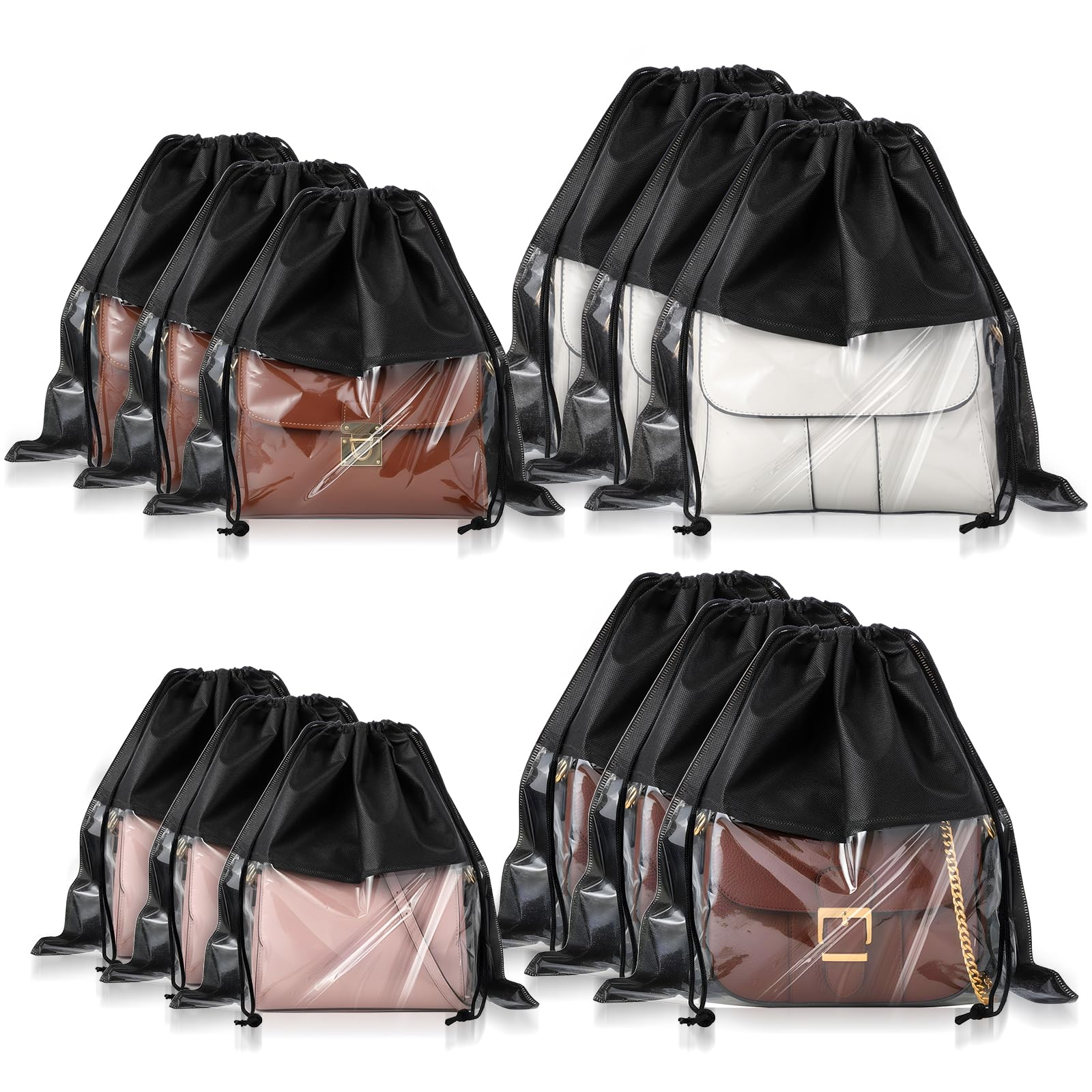 12 Pcs Dustproof Drawstring Bags Purse Dust Storage Bags for Handbags Covers Non Woven Fabric Cloth Pouch String Packing Organizer Shoe Pouch (Assorted Sizes, Black)