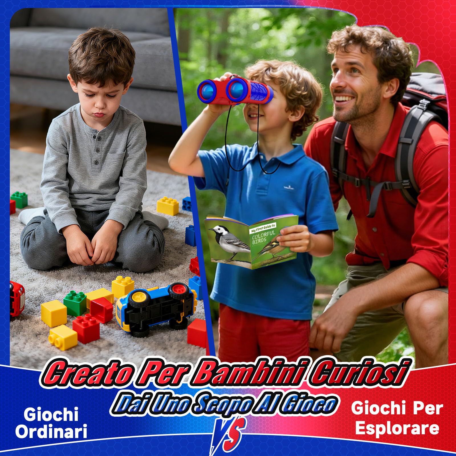Binocolo Bambini con Bussola e Guida Uccelli, Binocoli Regalo Bambino Gioco Bimbo 3 4 5 6 7 8 9 Giochi Esterno Giardino Bambini Giocattoli Bambino 3-12 Anni Maschio Compleanno Pasqua Regalos