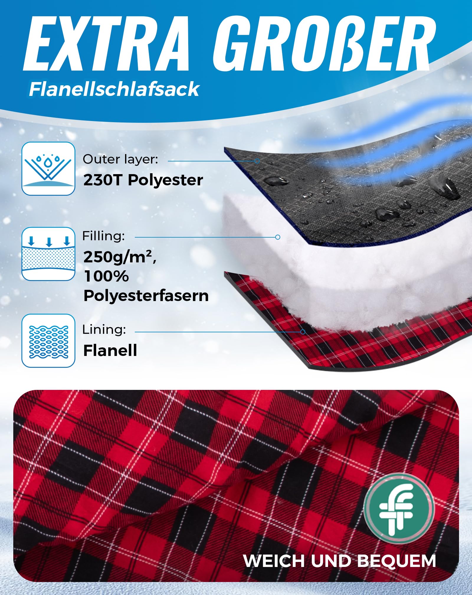 KingCamp Schlafsack XXL Baumwolle Flanell für Erwachsene, Übergröße Warm Deckenschlafsack Winter für Camping Reisen und Aktivitäten Outdoor im 4-Jahreszeiten, 220x100cm