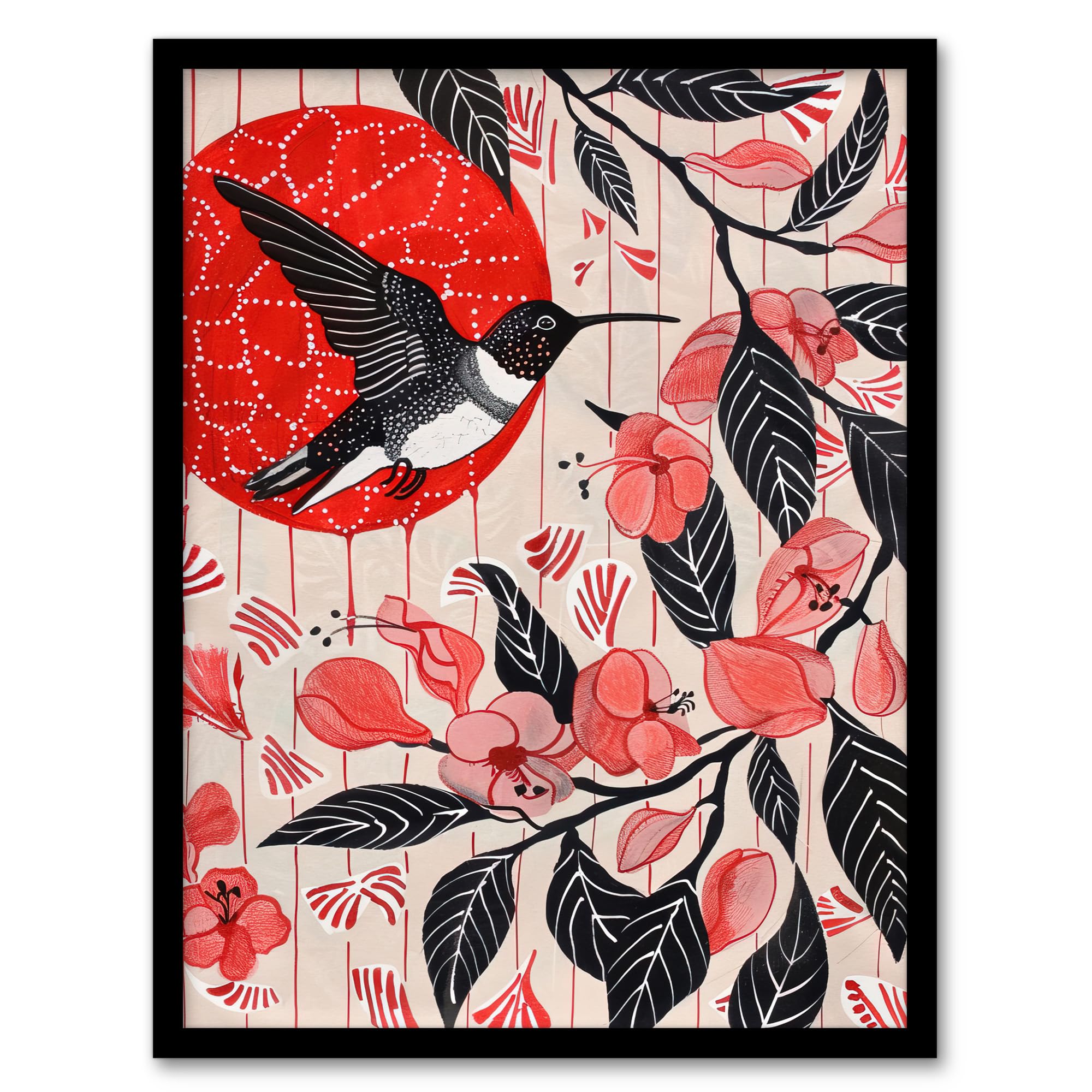 Hummingbird and Cherry Blossoms Folk Art Painting Framed Art Print - Artery8 - A4