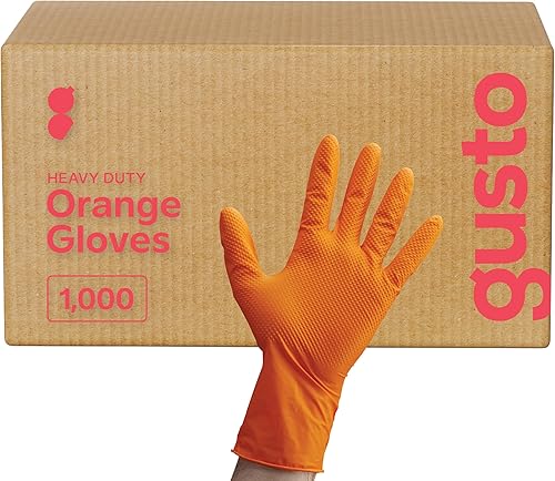 GUSTO 8 Mil Disposable Orange Nitrile Gloves HEAVY DUTY, Industrial, Diamond Texture - Formerly Comfy Package