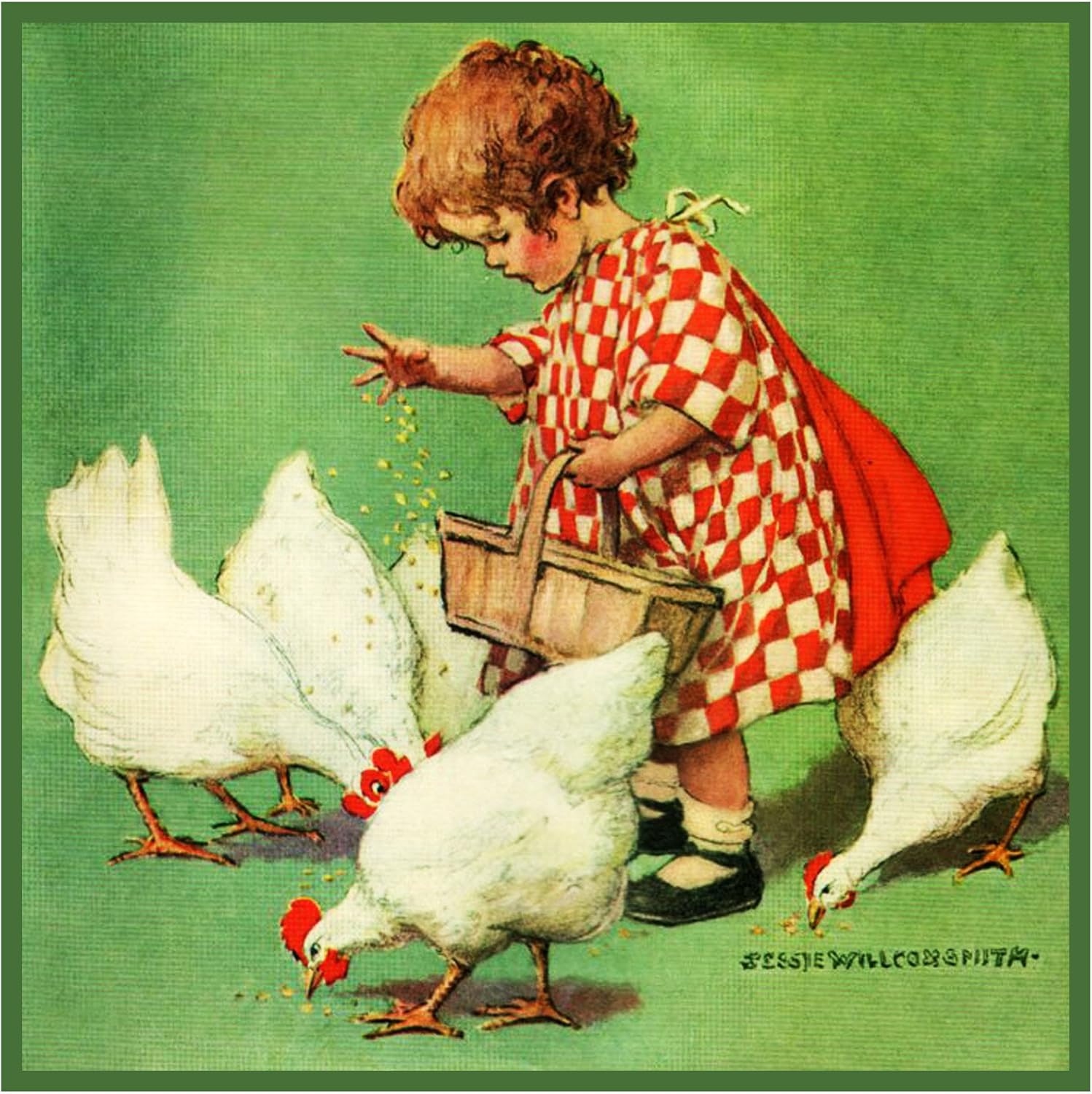 Girl Feeding Chickens by Jessie Willcox Smith Counted Cross Stitch Pattern