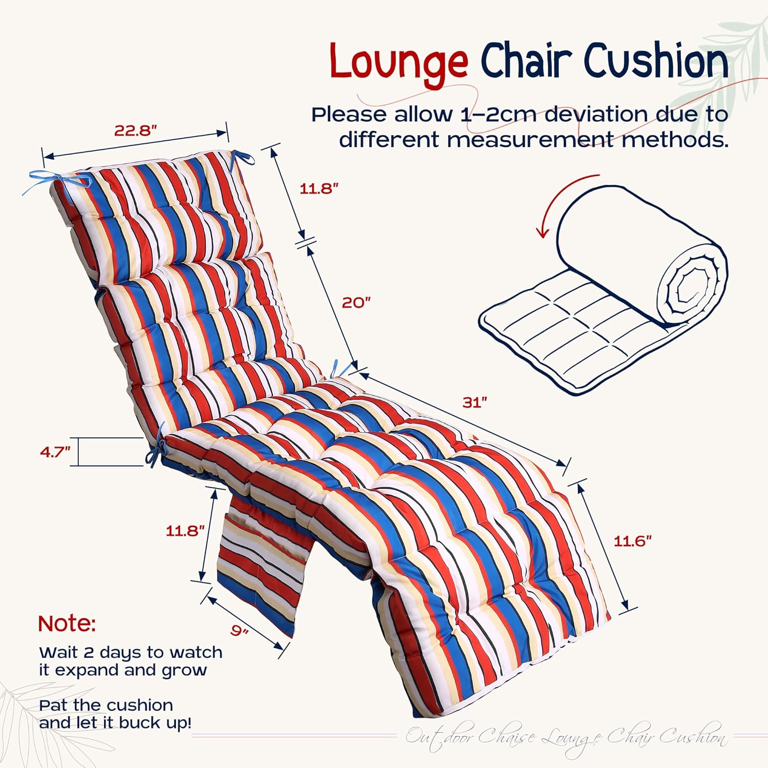 Yddsky Outdoor Chaise Lounge Chair Cushion with Ties, 74.4" x 22.8" x 4.7" Waterproof Patio Cushion, Thickened Cotton Lounge Pad with Pocket for Pool & Outdoor Furniture, Striped Blue Red