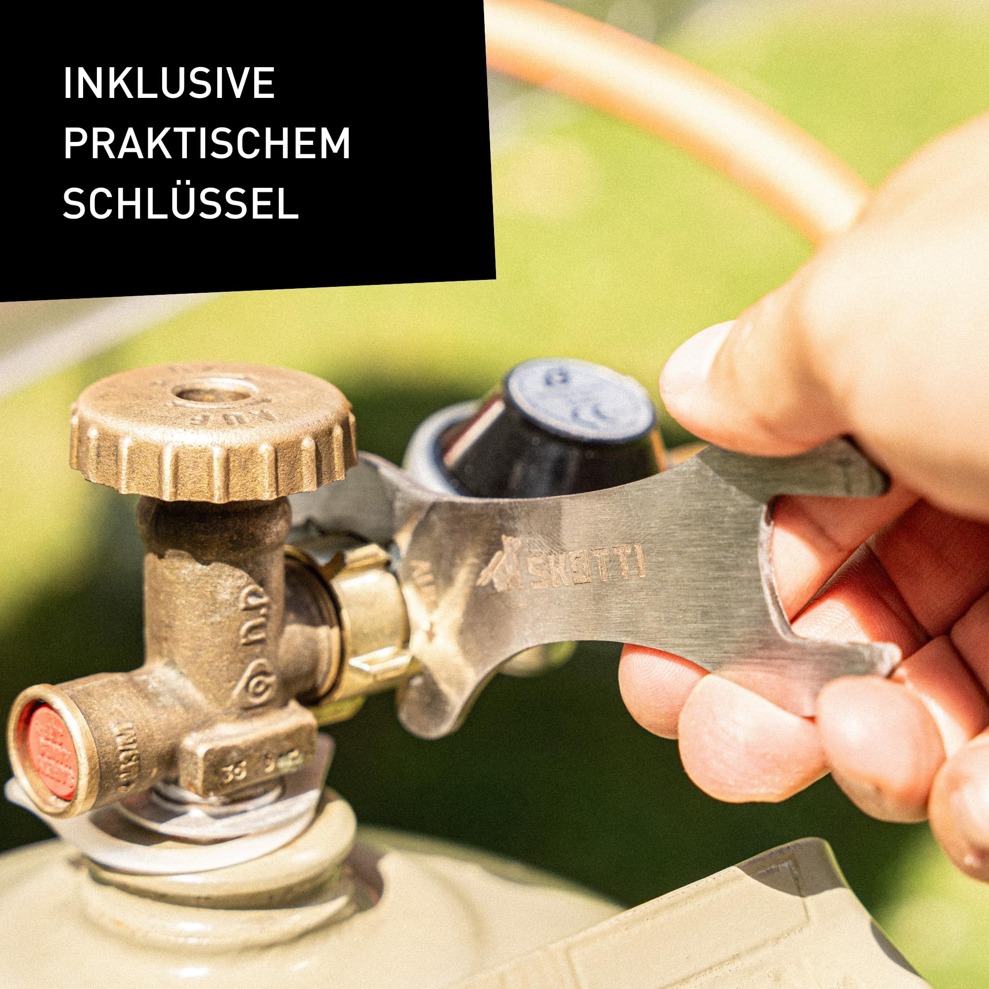 SKOTTI Prop, EN 417 Gaskartuschen kompatibel, Gasflaschenanschlussset für SKOTTI Grill und Campingkocher, für große Gasflasche 5kg und 11kg, ideal für Camping & Outdoorkocher, 150cm länge