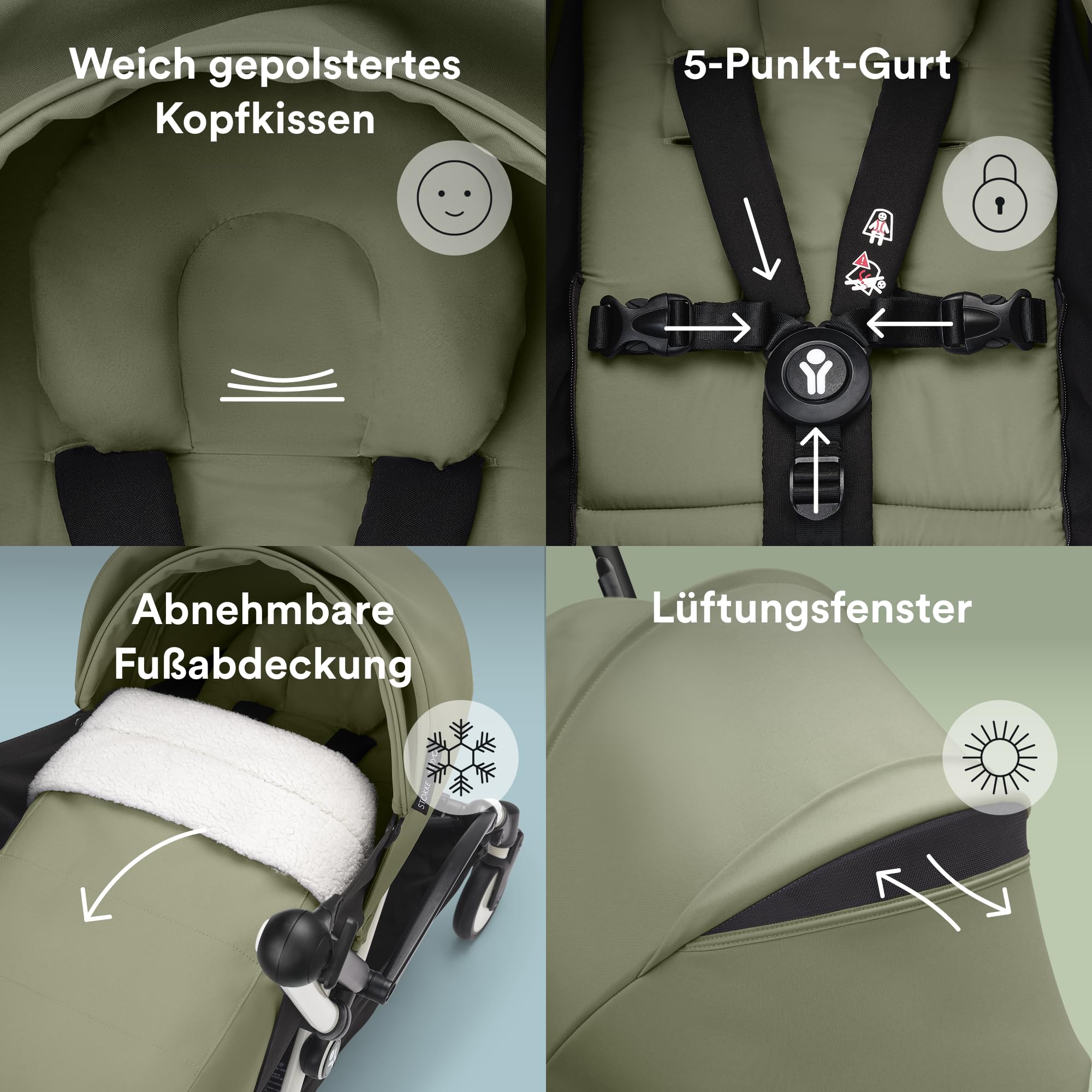 Stokke YOYO3 Kinderwagen mit Neugeborenen Set - Schwarzer Rahmen, YOYO 6+ Textilset (Olive) & 0+ Neugeborenen Set (Olive)