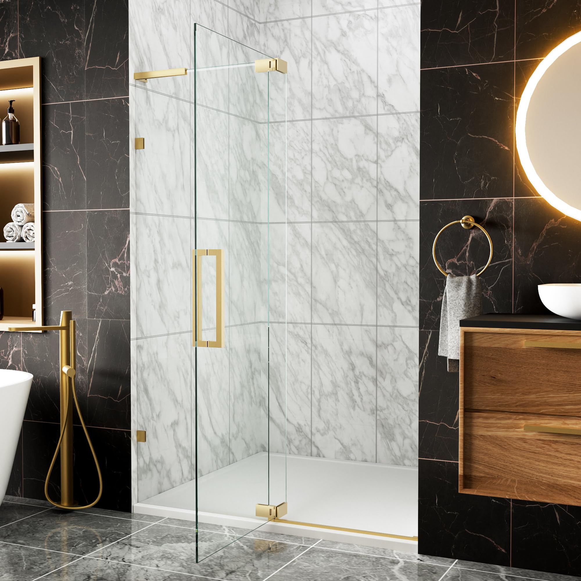 Photo 1 of ***FACTORY SEALED***BILVOS 44-48" W x 70" H Frameless Pivot Shower Door, Semi-Frameless Hinged Shower Door with 5/16" (8mm) Clear SGCC Tempered Glass, Brushed Gold Pivot Shower Glass Door, Reversible Installation