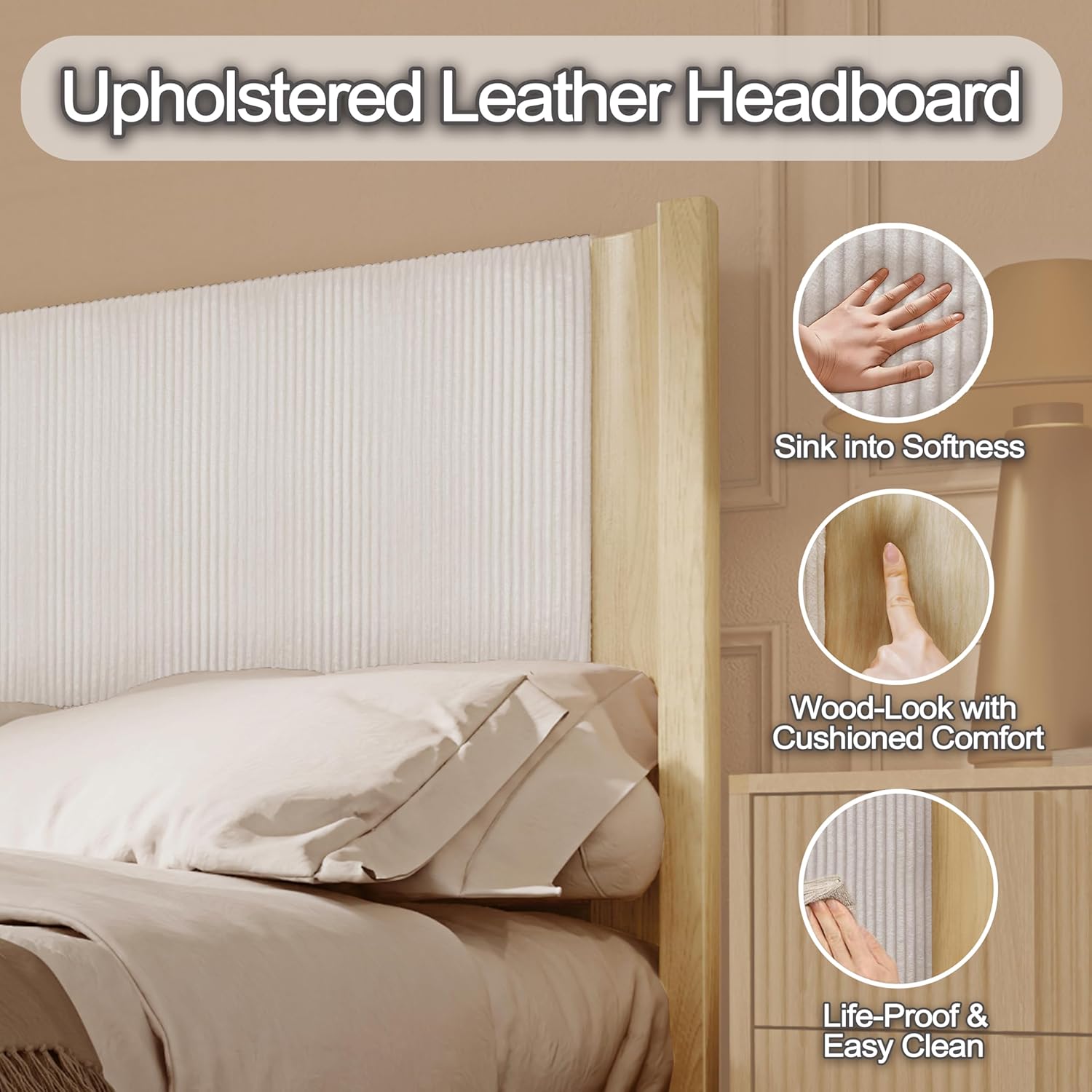 Queen Size Upholstered Platform Bed Frame with Wingback Headboard, Motion-Sensing LED Lights, Sturdy Slats, Mattress-Lock Footboard, PU Leather,No Box Spring Needed, Easy Assembly, Whitewashed Oak