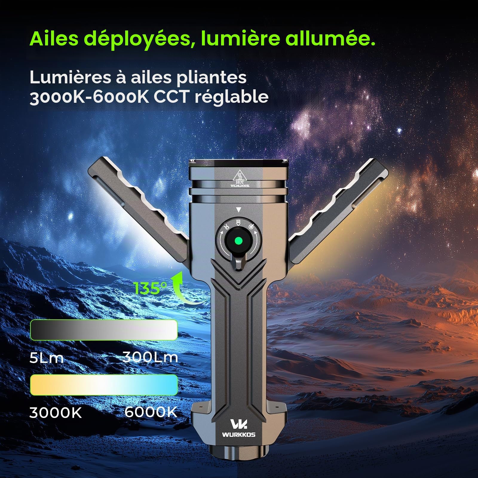 Wurkkos HD02 Lampe de poche 3200lm 4-en-1, USB-C, IPX6, EDC | Lumière UV 365nm et verte, panneaux pliables, batterie 5000mAh, base magnétique, idéale pour le camping et le bricolage