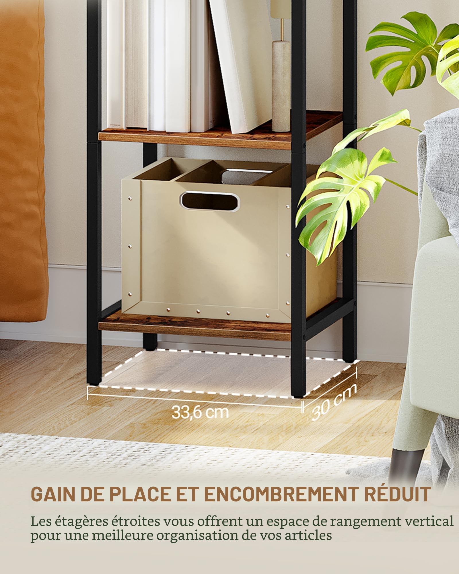 Hzuaneri Étagères Étroites à 6 Niveaux, Bibliothèque Verticale, Meuble de Rangement, Étagère Ouverte, Cadre Métallique, Convient pour Bureau, Salon, Chambre, Cuisine, Marron Rustique BC56001B