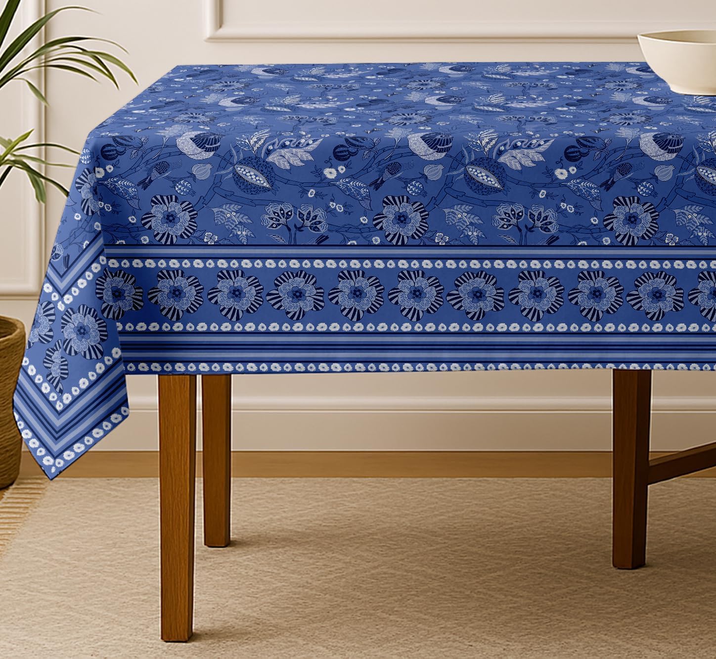 Floral Design Tablecloth- Blue 60x60 Inch Cotton Twill Dining Table Cover, Perfect for 4 Seater Tables, Durable, Protective & Washable, Ideal for Everyday Use, Festive Occasions & Gatherings