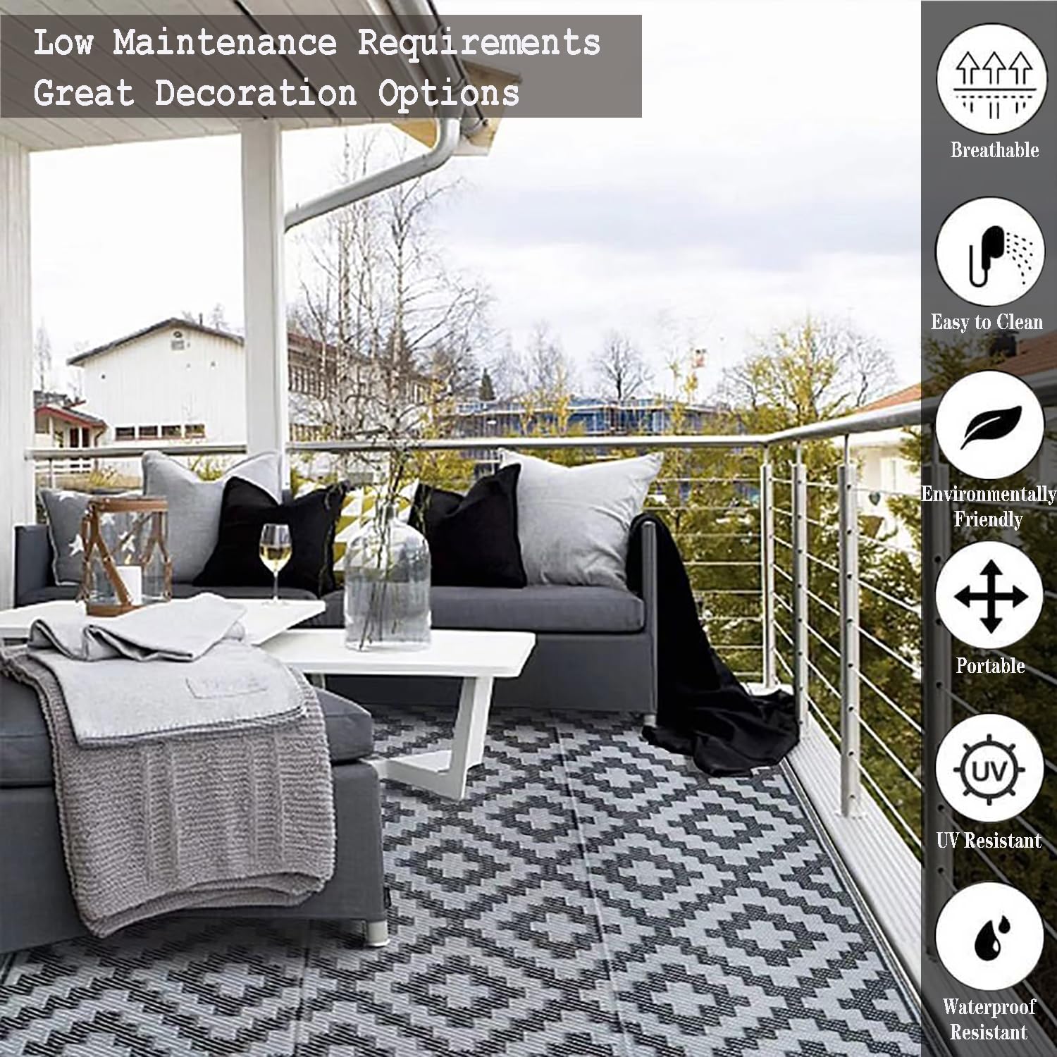 Tapis Exterieur Noir et Gris 120x180 Tapis Plastique Réversible Petite,Tapis de Sol Camping Car Exterieur Portable,Tapis Imperméable Rectangulaire Pliable pour Terrasse Jardin Balcon Plage