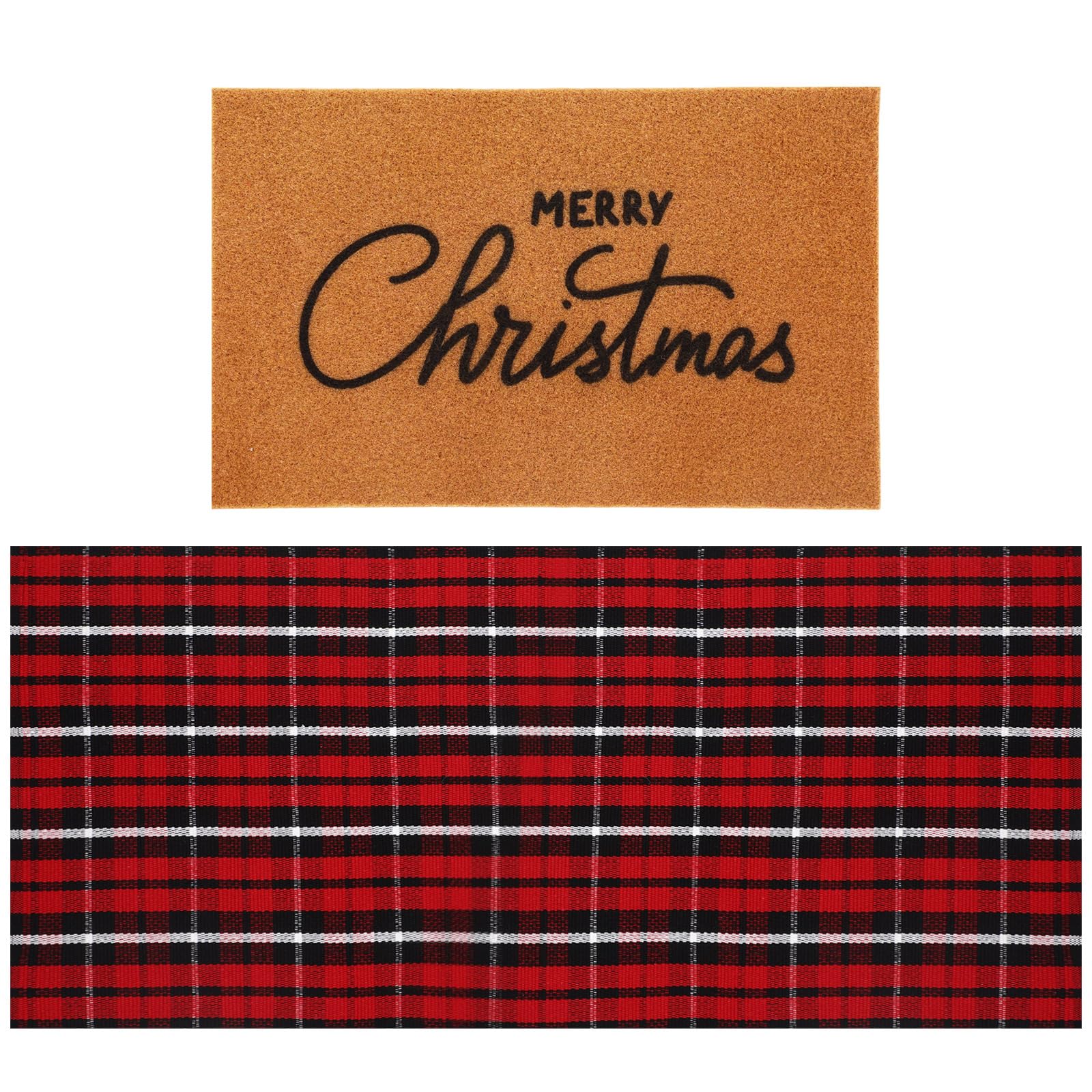 2 felpudos de Navidad de 24 x 51 pulgadas, felpudo de bienvenida al aire libre y 18 x 28 pulgadas, tapete de fibra de coco antideslizante para entrada exterior, porche delantero (cuadros