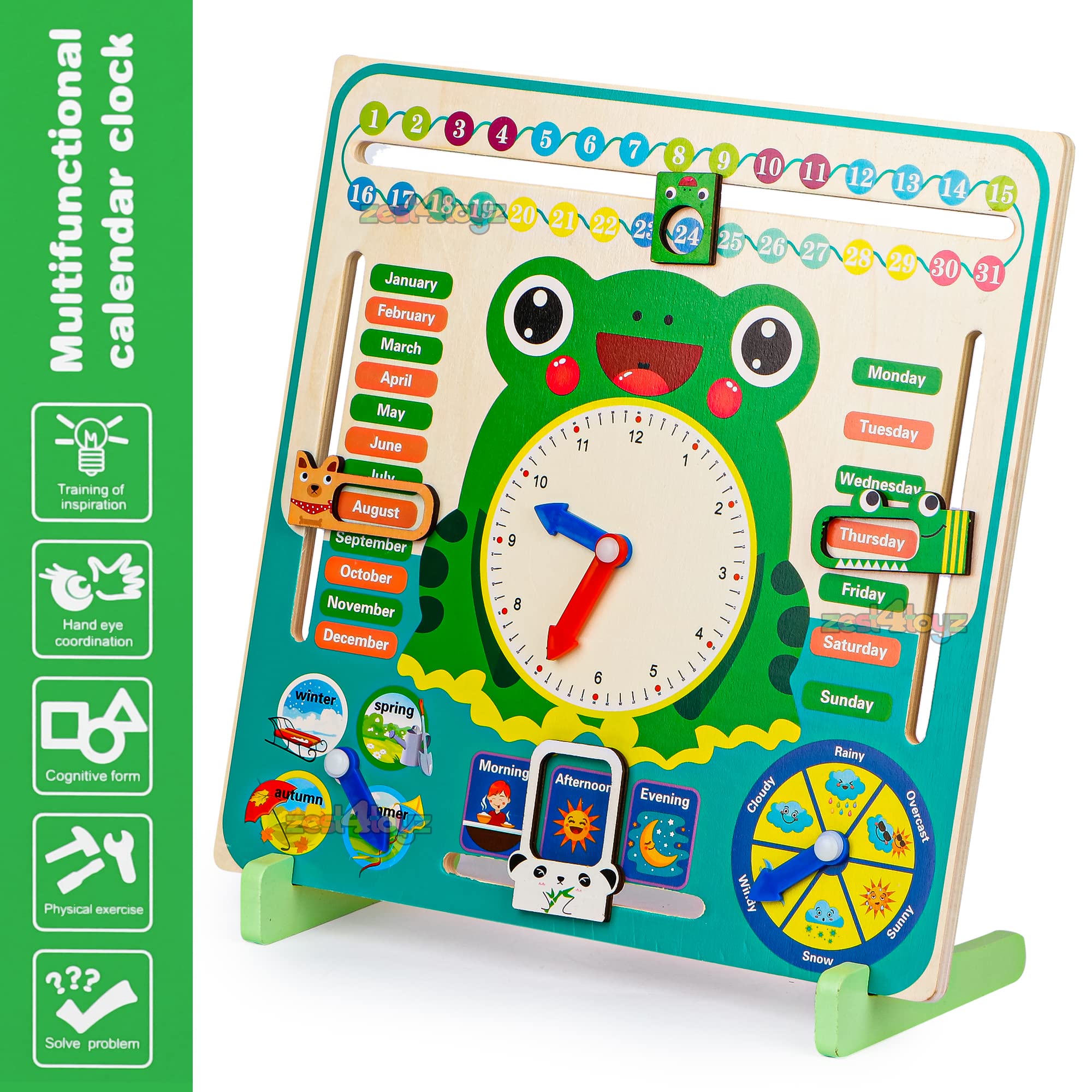 Zest 4 Toyz Learning Calendar Time and Seasons Game Wooden Clock Toy Calendar Board Shape Recognition Educational Learning Toy Frog (Green) - 3+ - Image 4 thumbnail