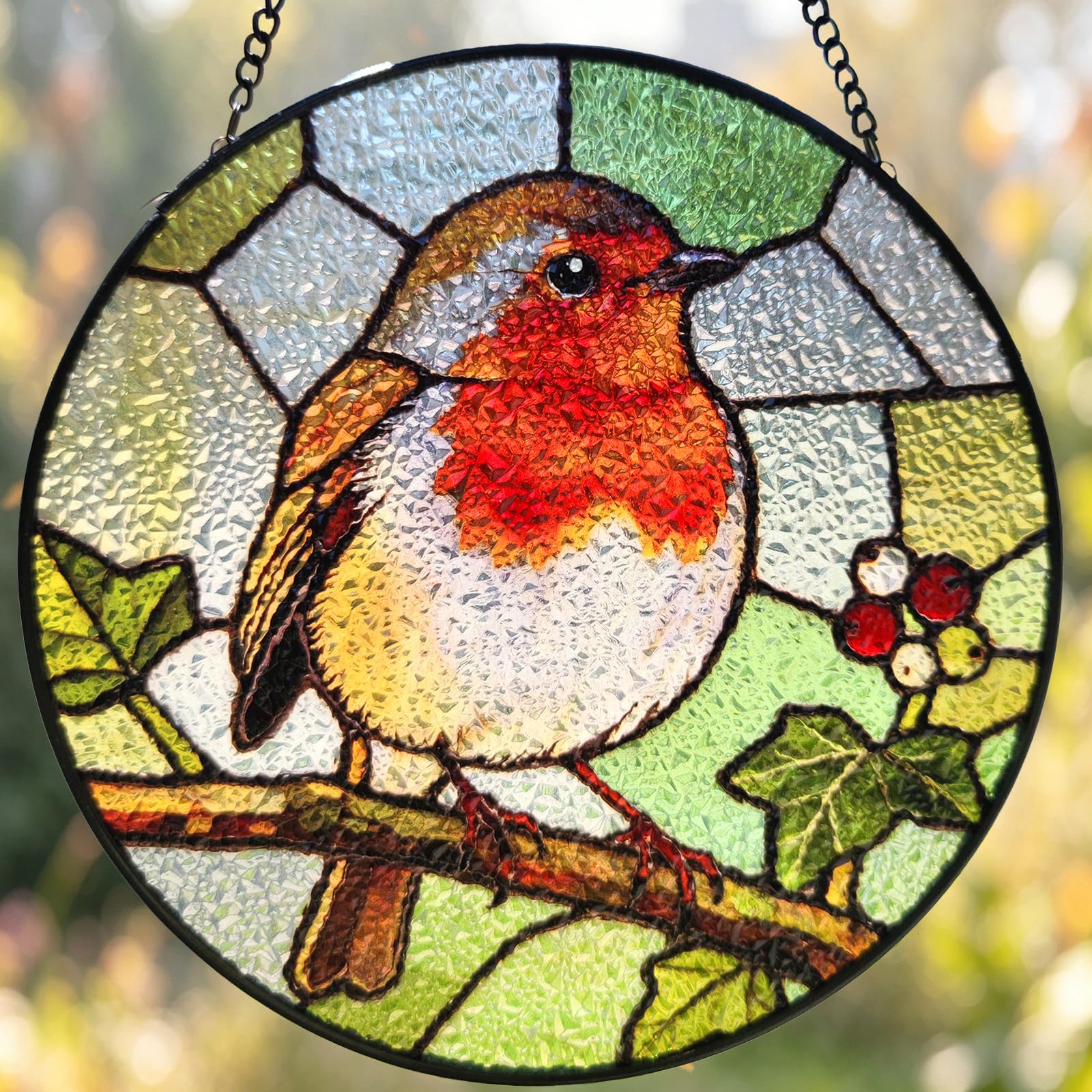 Robin Bird Stained Glass Suncatcher, Winter Holiday Festive Decorations for Home Conservatory Window hang, Memorial Robin Gifts for Mum Grandma,Nature Lover Gift for Home Window — image 1