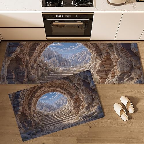 Miniatura 4 de 3D Rock Cave Kitchen Mats, Retro Architecture Kitchen Rugs Set of 2, Brown Washable Floor Carpet, Xmas Decor Mats for Hallways Bathroom Living Room