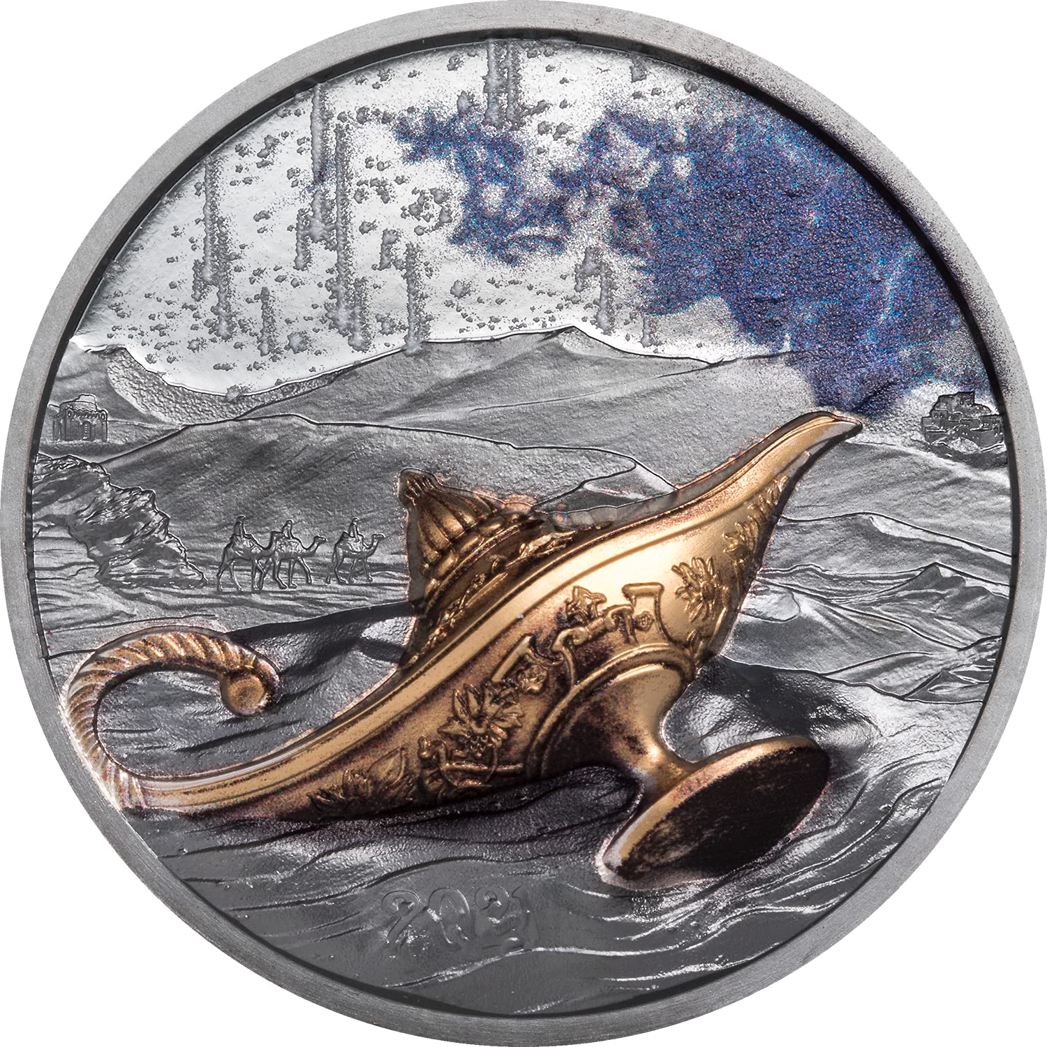 IMPACTO COLECCIONABLES Moneda Magical Lamp 1001 Nights – Las 1001 Noches 1 Oz Plata Pura. Palau 2021 Edición Limitada con Certificado numerado