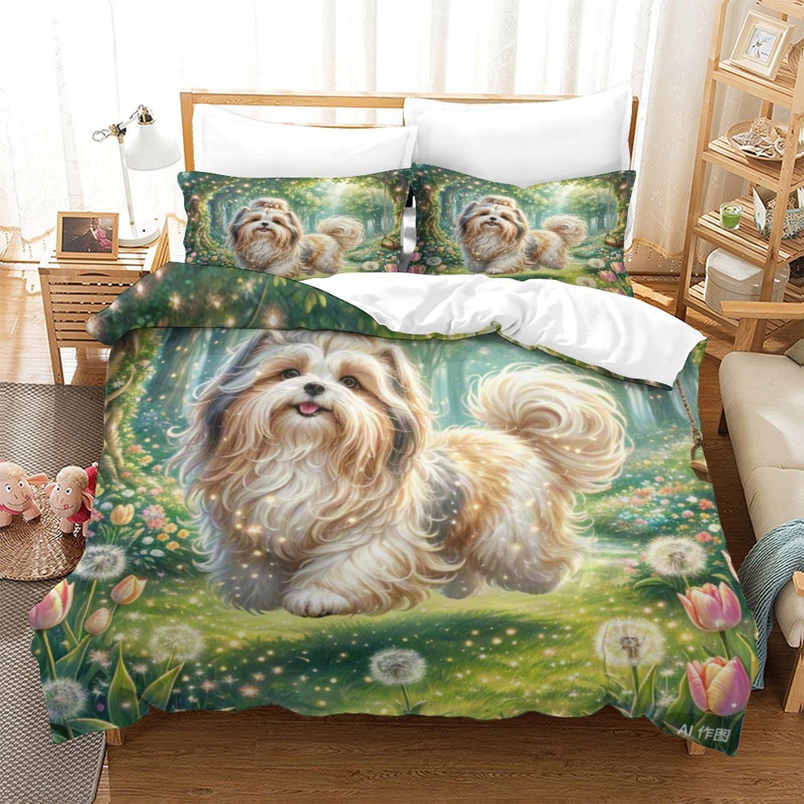 Housse de couette Shih Tzu 3D microfibre ultra douce avec fermeture éclair invisible 140x200cm