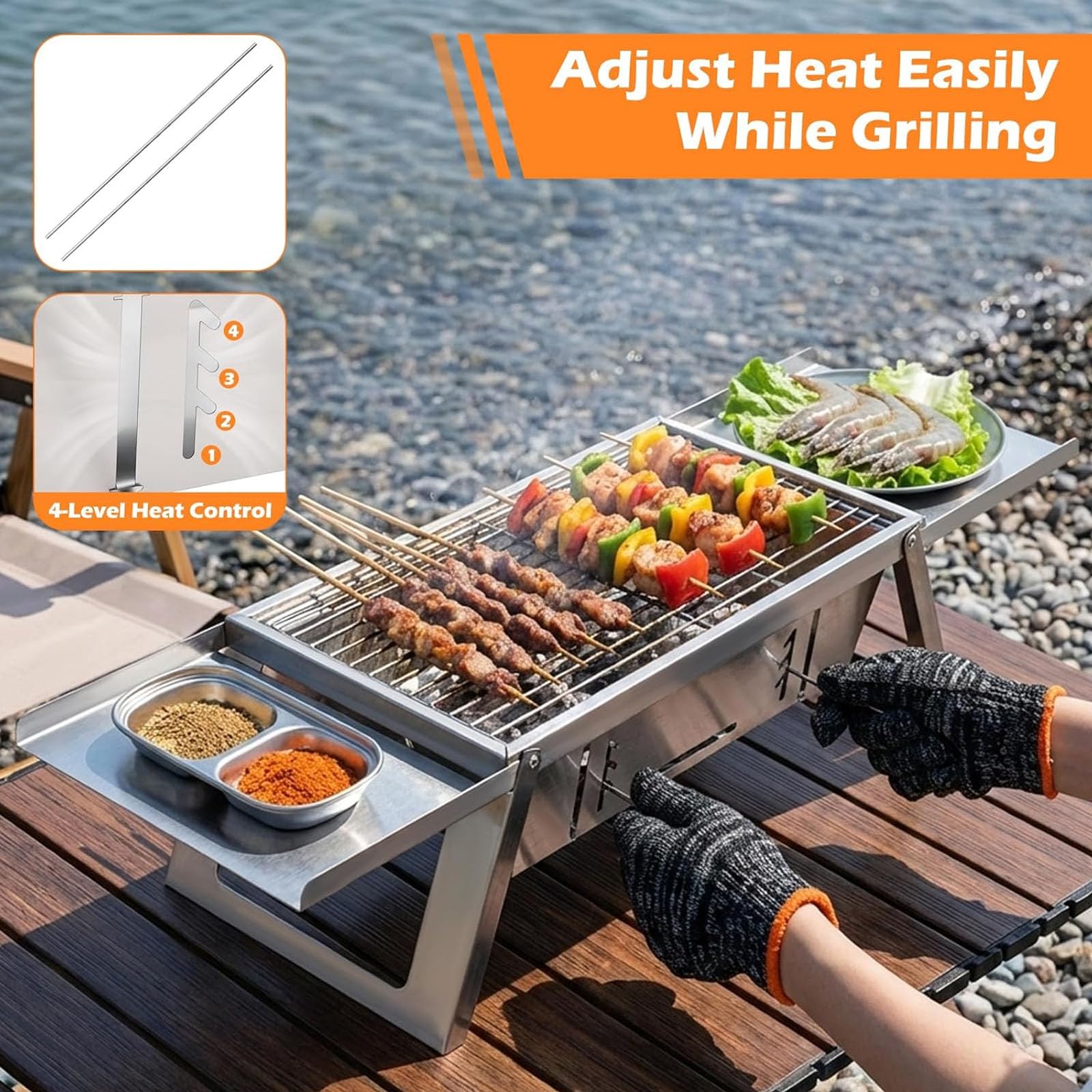 Mały przenośny grill na węgiel drzewny, Mini składany grill do grillowania z 4-poziomową kontrolą ciepła, Stołowy grill na zewnątrz do Camping Essentials, Stołowy palec do podróży na piknik na trawnik
