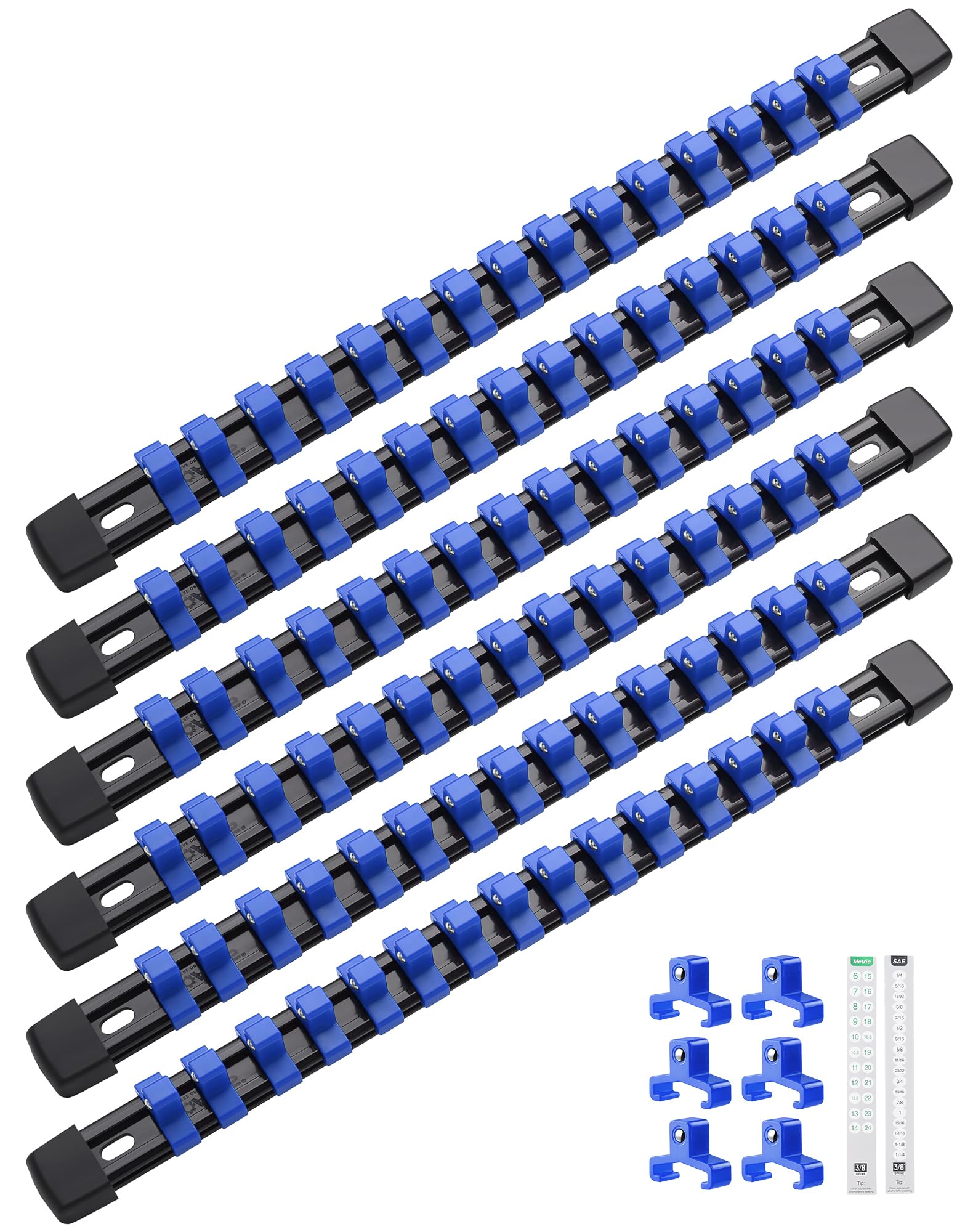 ALOANES 6PC ABS Socket Organizer, Socket Rails Fit 3/8 inch Drive, Heavy Duty Socket Holders Hold up to 90 Sockets, Black Rails with Blue Clips