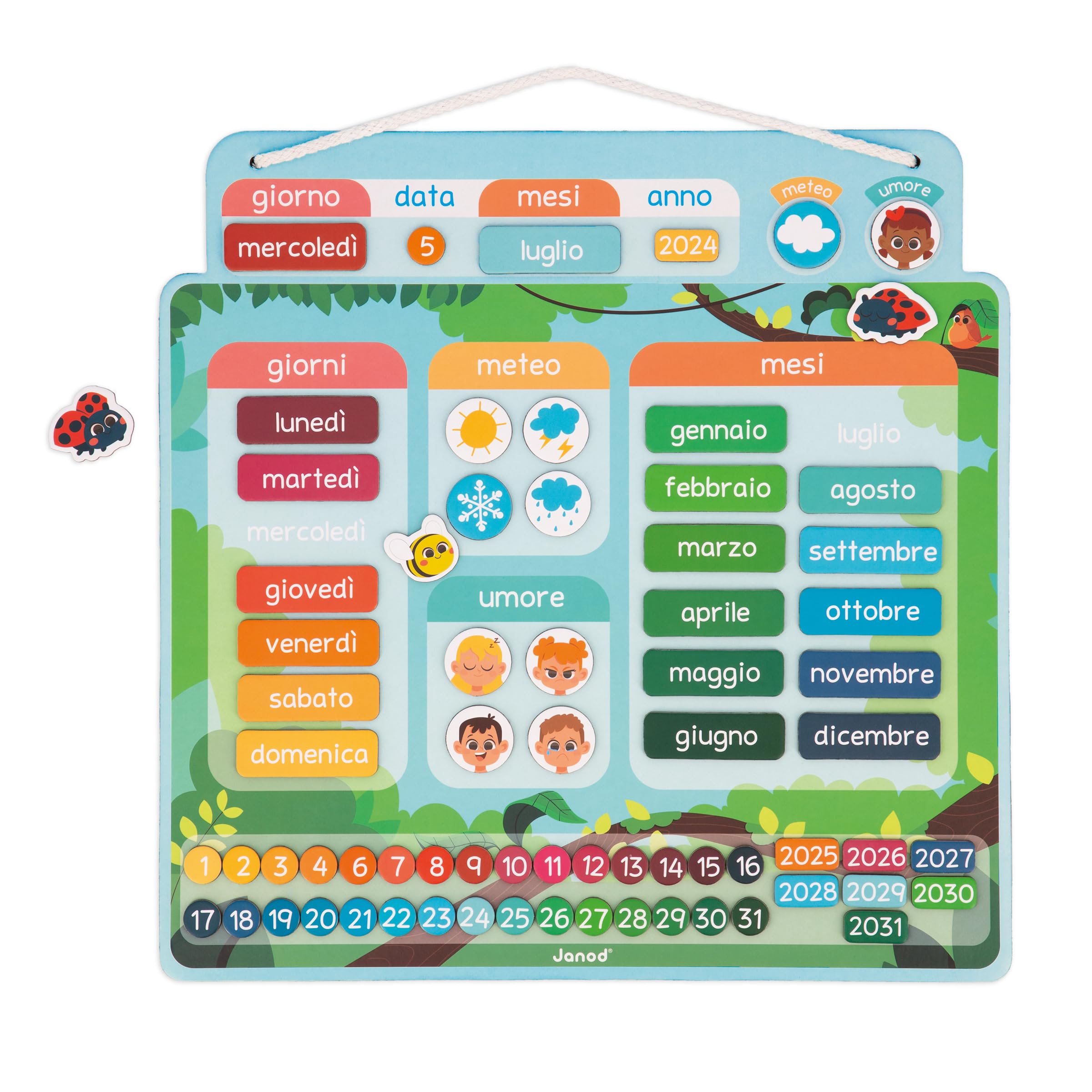 Janod - Calendario Magnetico Versione Italiana - 71 Calamite - Gioco Educativo - Comprendere la Nozione di Tempo e Acquisire Autonomia - Giocattolo in Cartone FSC - dai 3 Anni - J05467