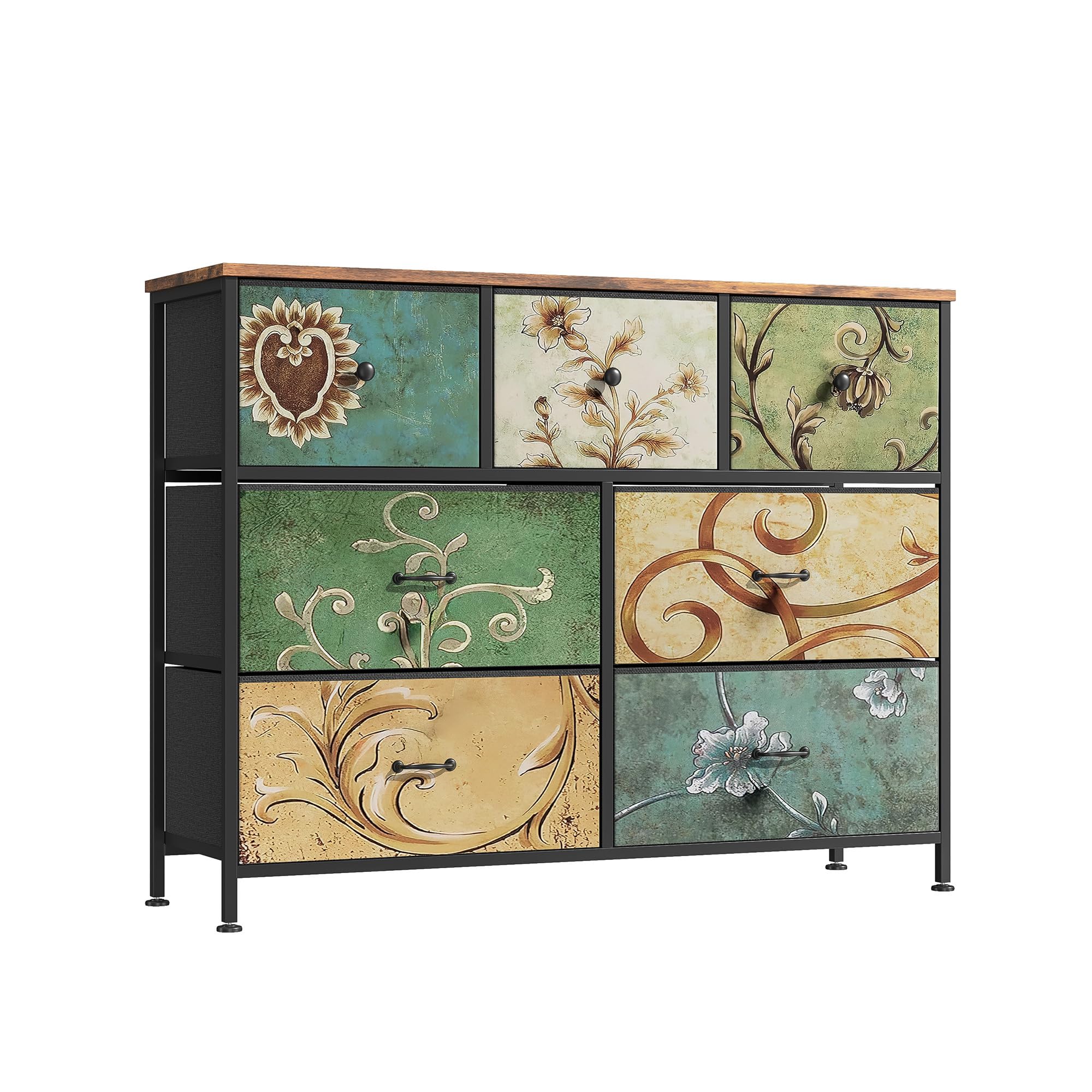 Luminarix Cassettiera con 7 cassetti, credenza bohémien con cassetti in tessuto, struttura in metallo, pannello in legno, armadio TV, cassettiera per soggiorno, camera da letto, corridoio
