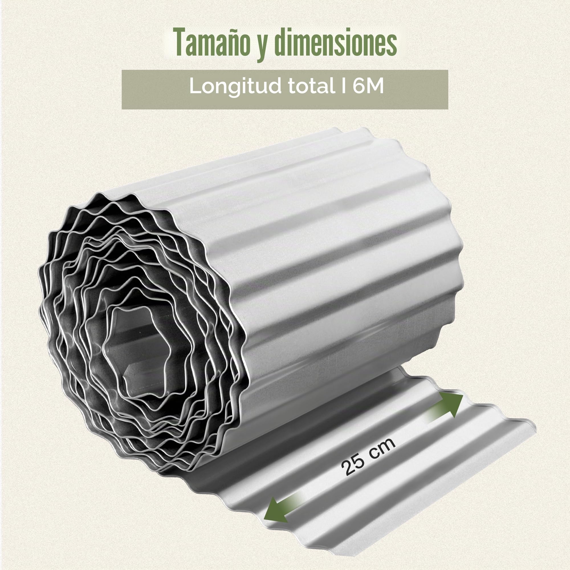 Rollo de borde de césped de metal galvanizado de 6 m, borde de plantas de jardín, ondulado, 25,4 cm de alto K653D01