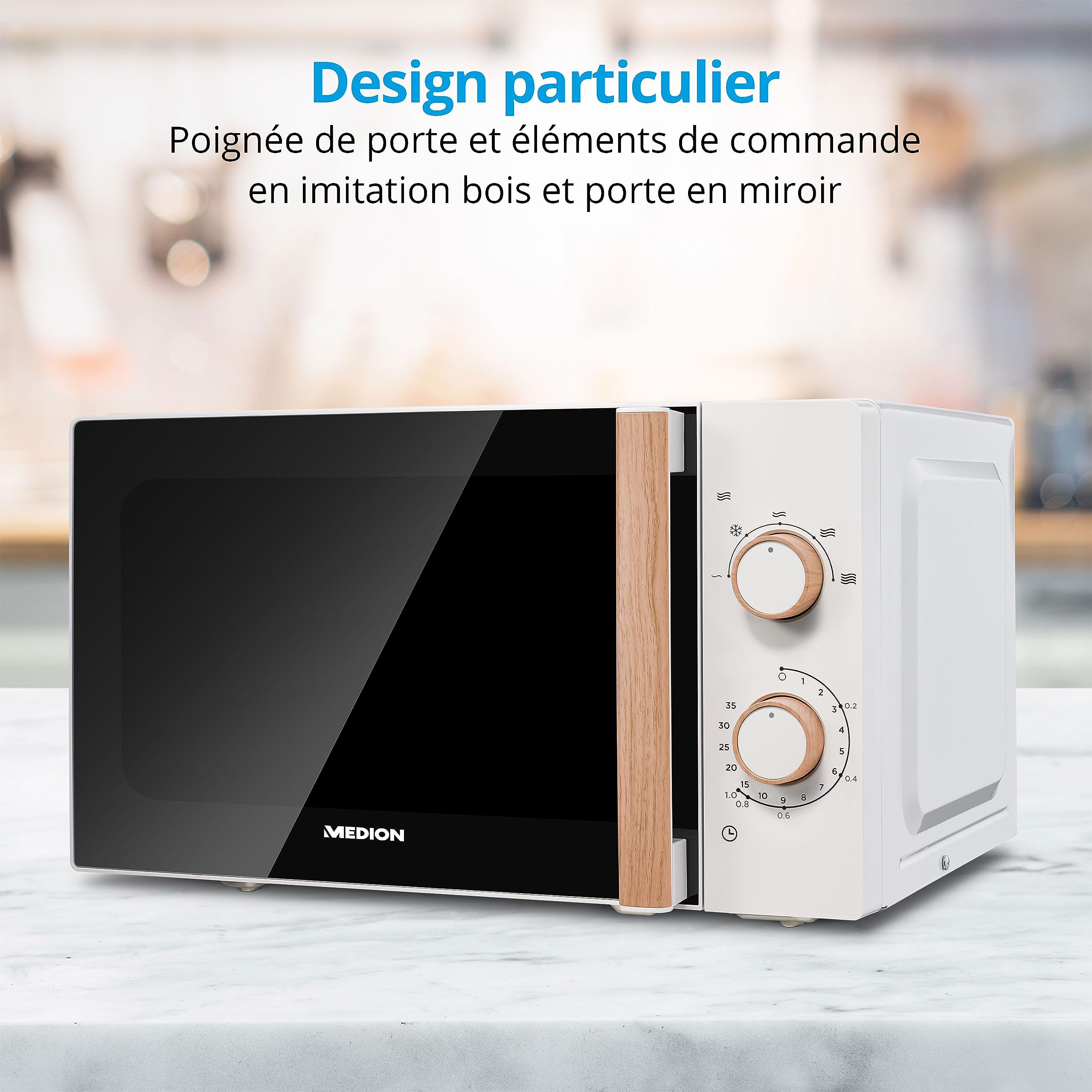 MEDION Micro-ondes (aspect bois, 20 litres, 700 watts, porte miroir, 5 niveaux de puissance, fonction décongélation, minuterie, MD10596) blanc