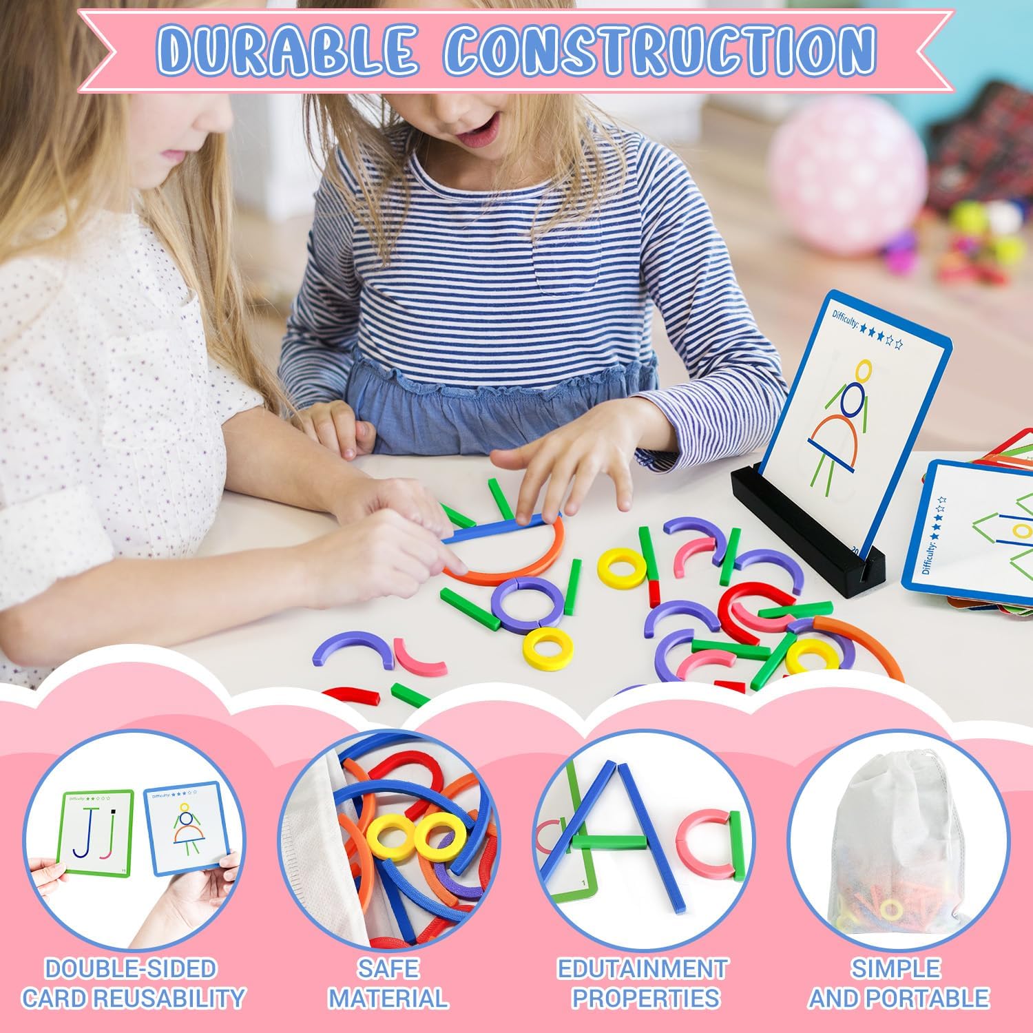 STEM Toys for Creative Learning Sticks & Rings Shape Building Blocks 160PCS Pattern Blocks Puzzle Educational Resources Montessori Toys for Preschool and Kindergarten Girls and Boys Ages 5+