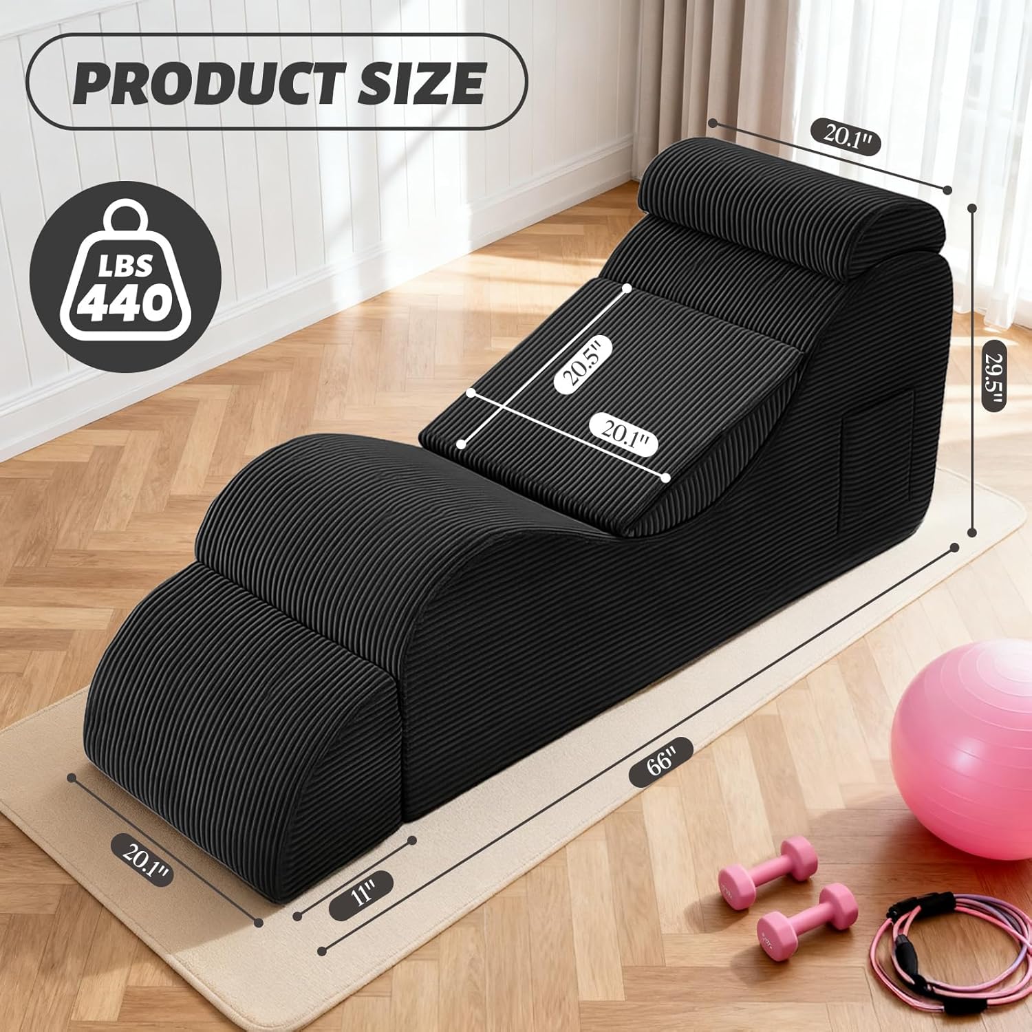 yoga chair for adult, chaise lounge chair with headrest, waist pad, ottoman, side pocket, high density foam and non-slip bottom, yoga chair for stretching exercise, massage, and relaxation (black)