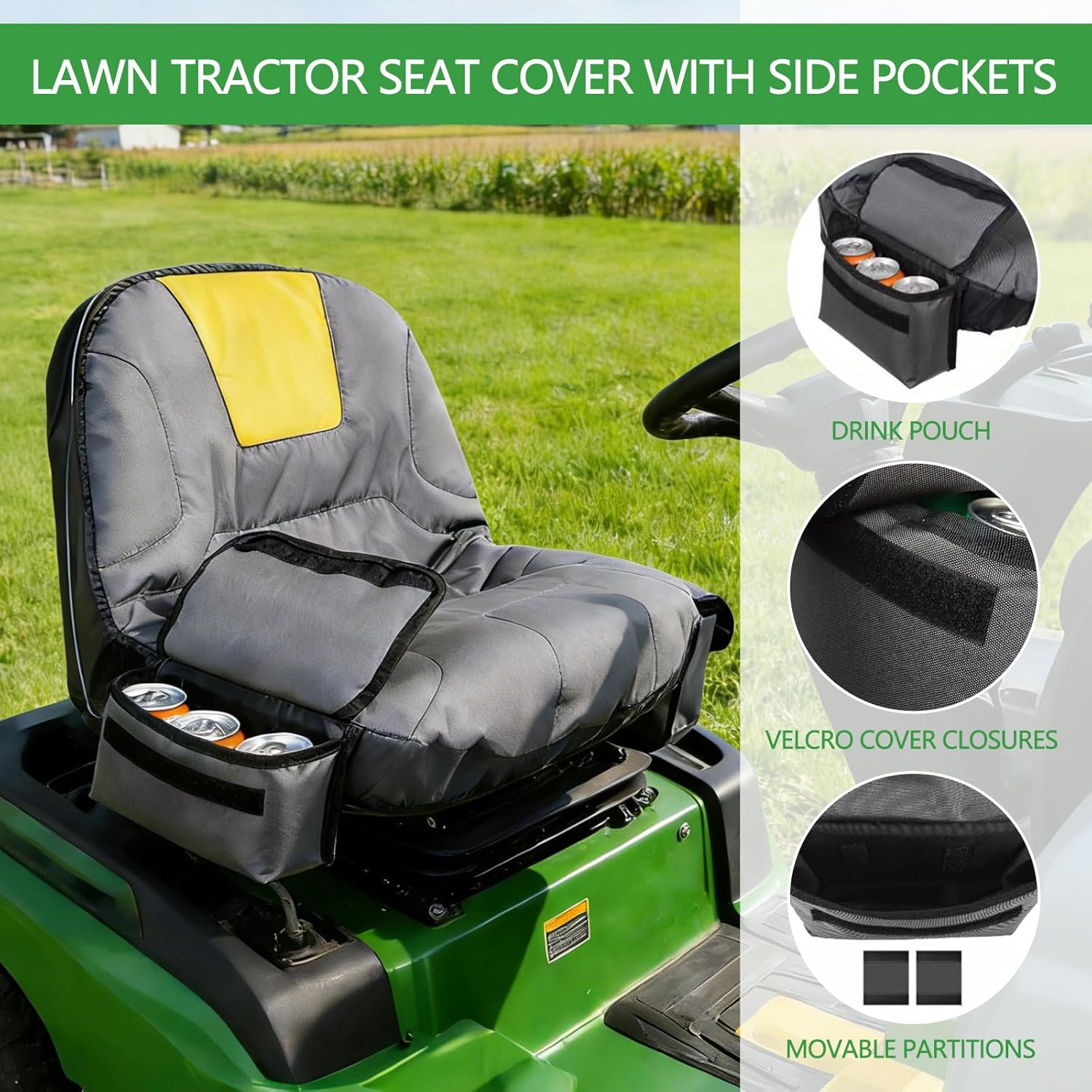 Riding Lawn Mower Seat Cover,Heavy Duty 600D Oxford Waterproof Tractor Seat Cover with Side Pockets for 12.2-14.2''H Seat,Fits John Deere,Kubota,Cub Cadet,Husqvarna Lawn Mower Tractor-Grey M1