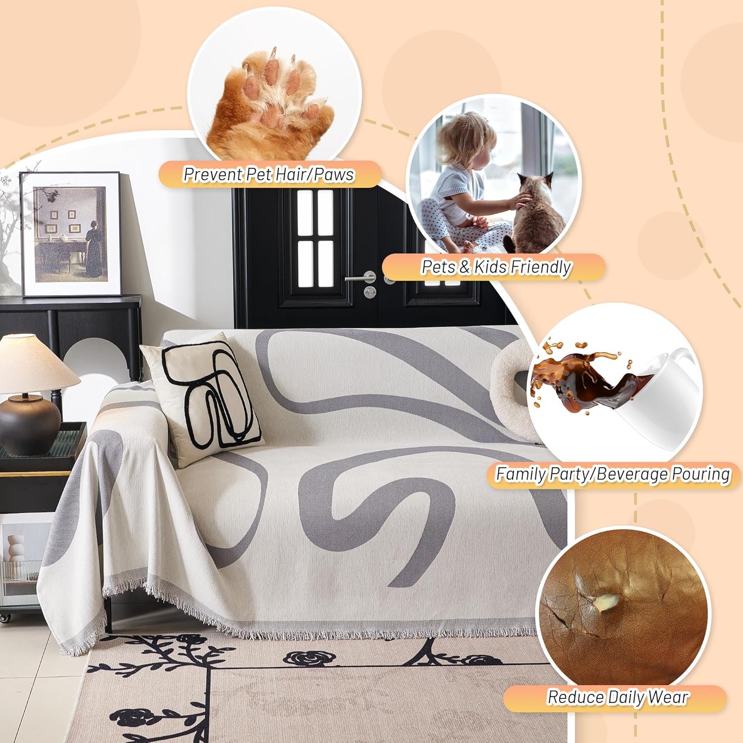 MYSKY HOME Boho Couch Cover Super Soft Couch Covers for 2-3 Cushion Couch Sofa, Modern Grey Jacquard Sofa Slipcover Loveseat Futon Cover, Couch Covers for Sectional Sofa, 71 x 134, Grey Curve