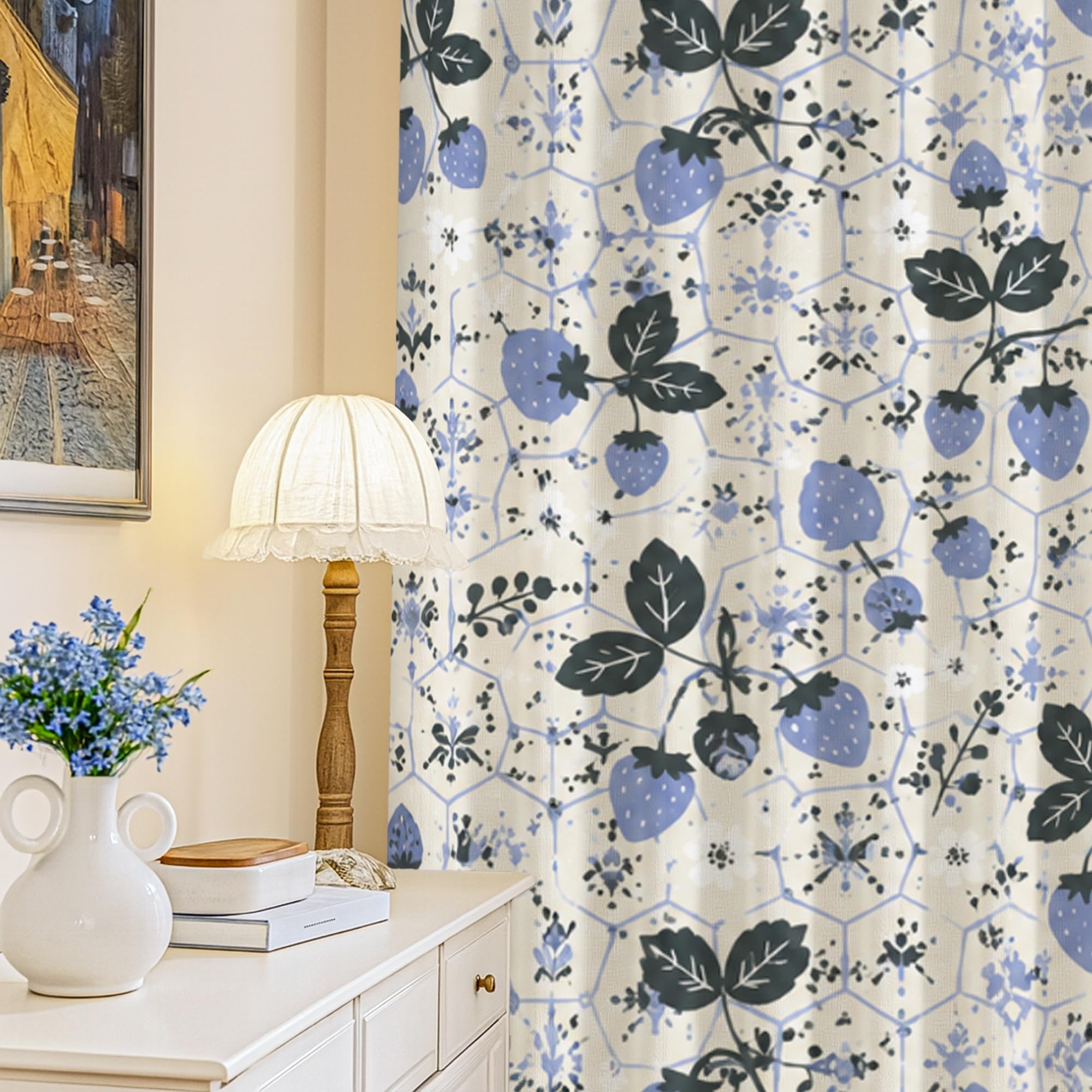Rideaux occultants motif floral botanique bleu pour la maison