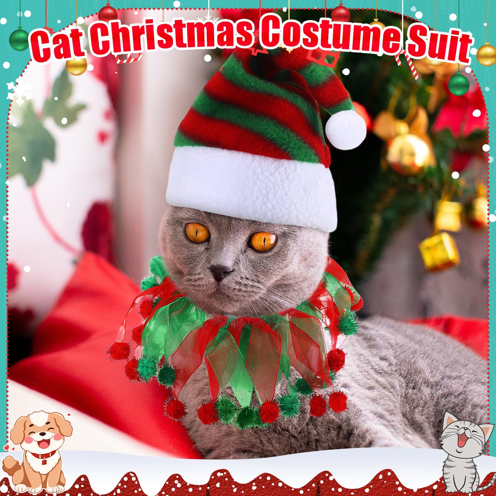 16 piezas de disfraz de Navidad para gatos, sombreros de Papá Noel y collar con cascabeles para mascotas, perros pequeños y gatos, collar tutú y sombrero verde brillante, traje de Navidad