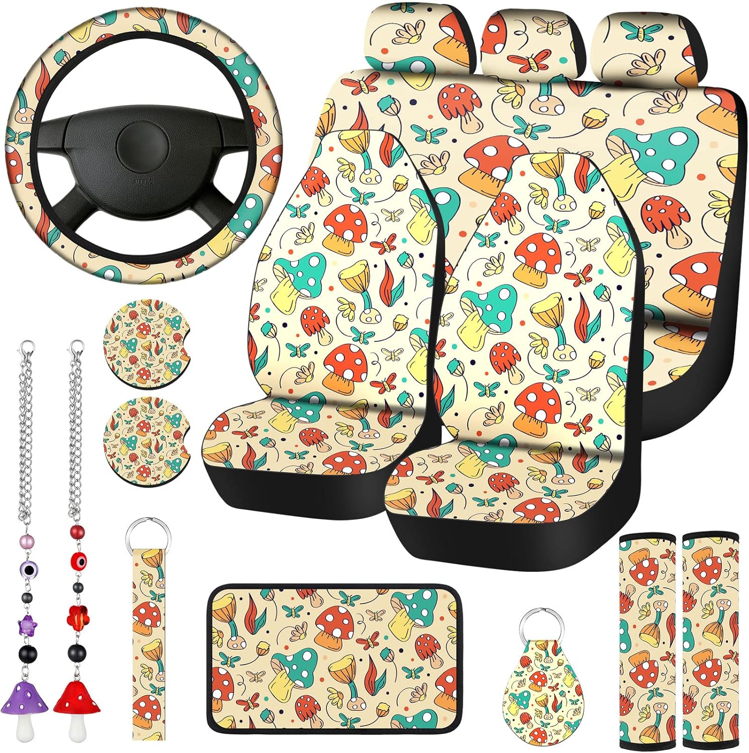 17 Pcs Mushroom Car Seat Covers Mushroom Car Accessories Full Set for Women Men